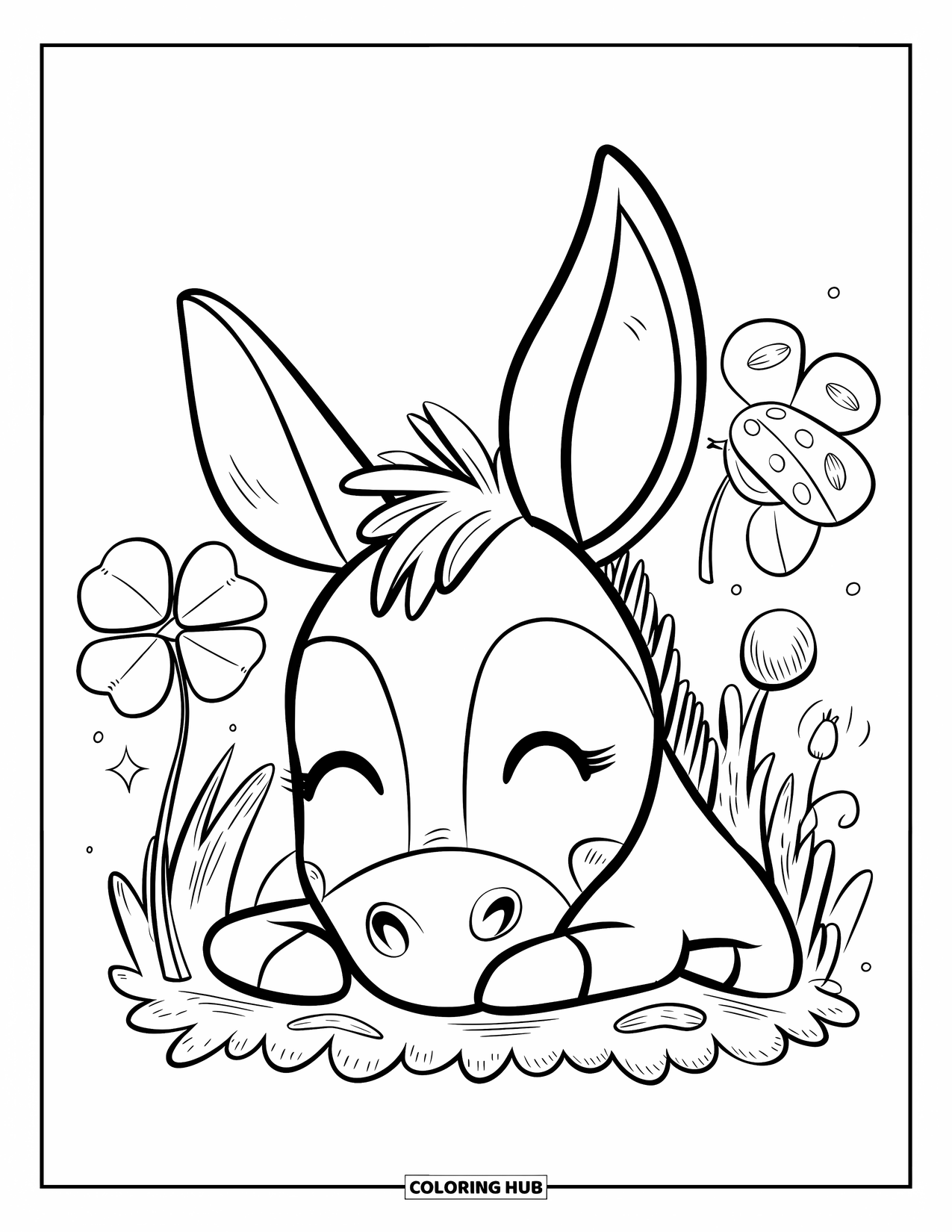 Donkey Coloring Page for Adults: A sleepy donkey lays in clover while a ladybug crawls on a leaf