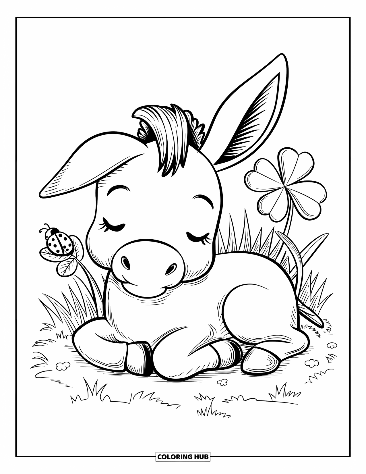 Donkey Coloring Page for Adults: A sleepy donkey rests in a patch of clover with one ear flopped down