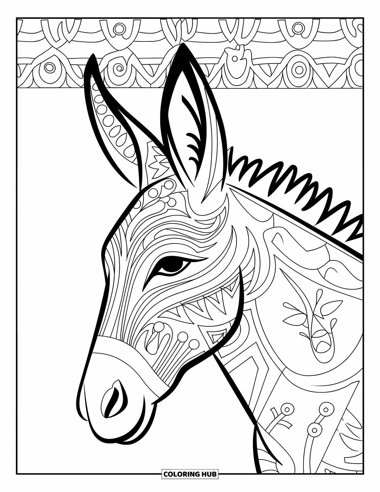 Donkey Coloring Page for Adults: A stylized donkey decorated with tribal line art stands in a rich, patterned landscape