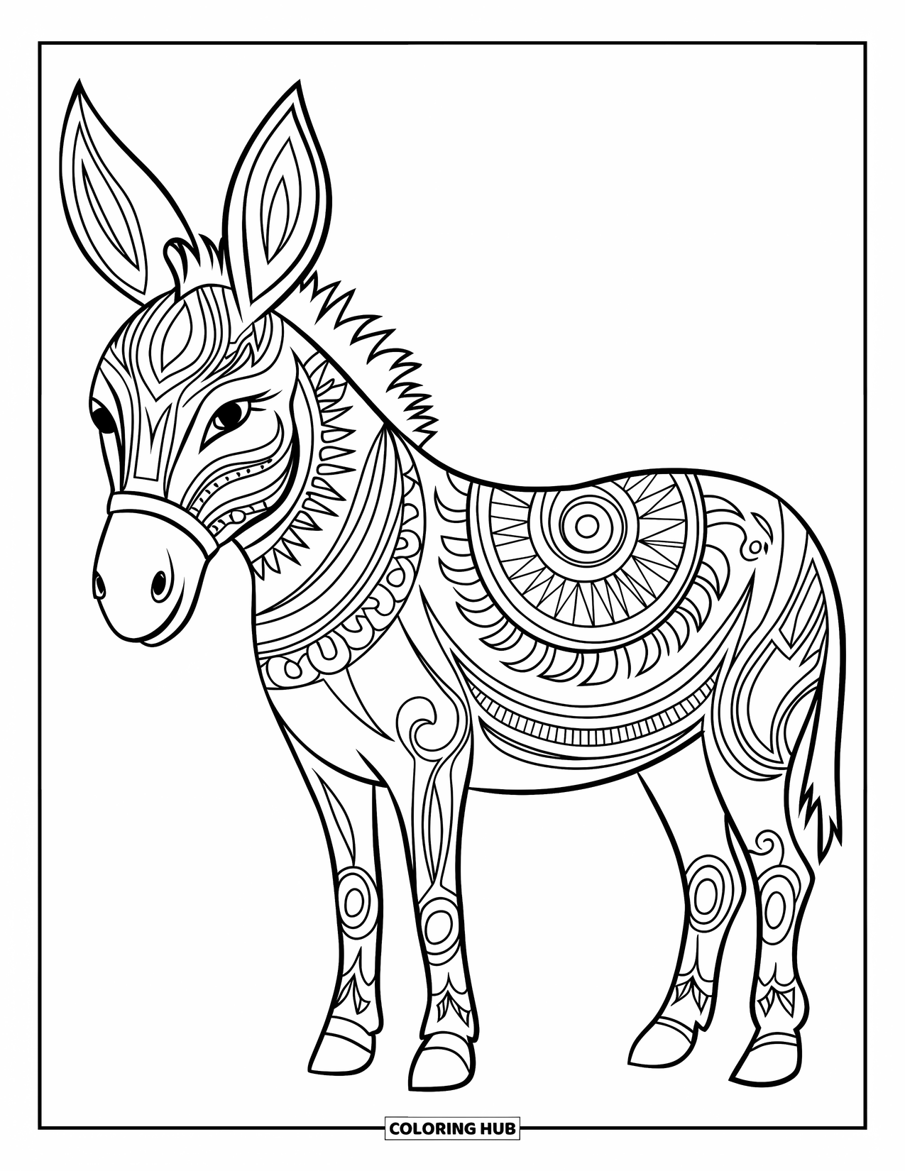 Donkey Coloring Page for Adults: A stylized donkey is adorned with tribal patterns, standing on an intricately designed terrain