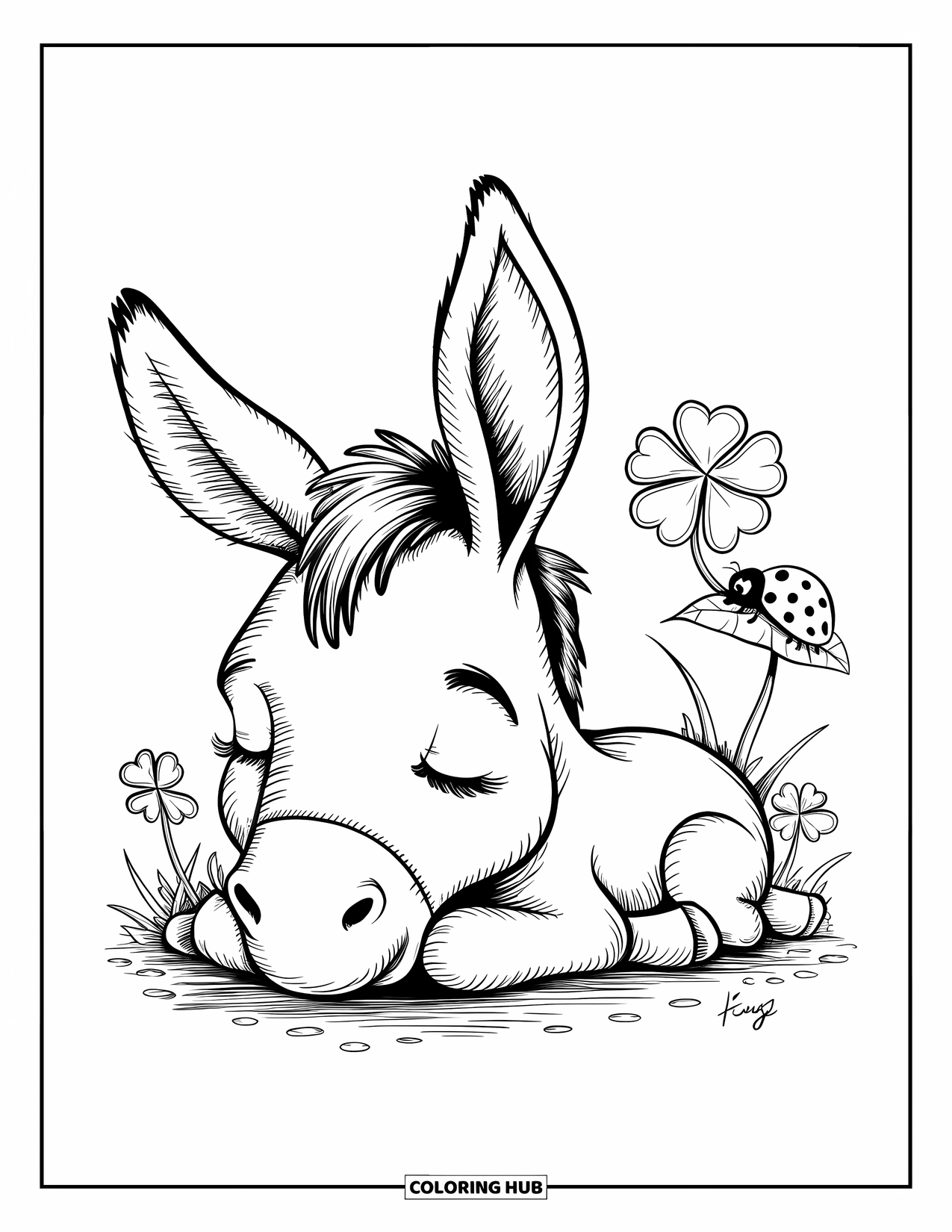 Donkey Coloring Page for Adults: A tired donkey rests near a four-leaf clover and a tiny ladybug