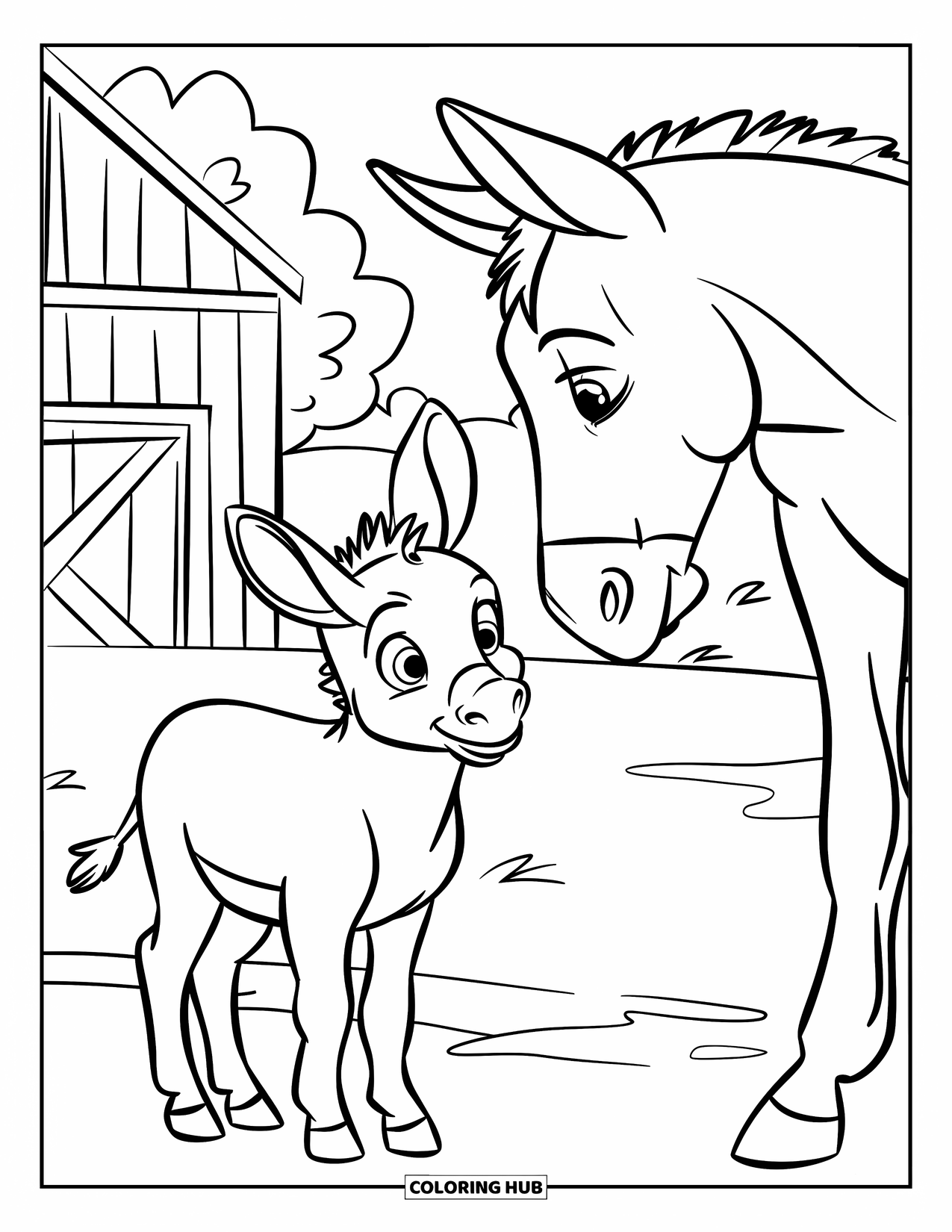 Donkey Coloring Page for Kids: A baby donkey stands beside its mother in a simple farmyard with a red barn