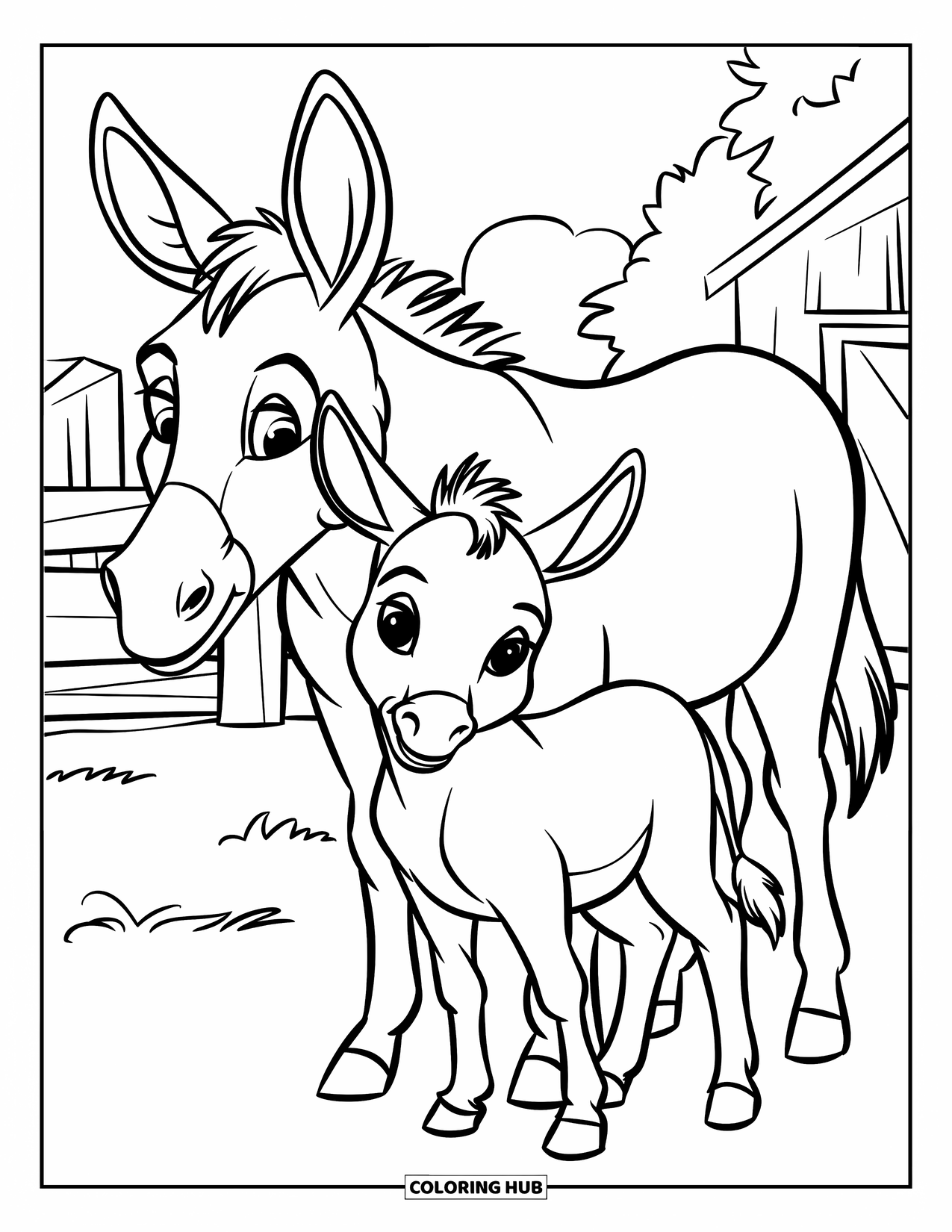 Donkey Coloring Page for Kids: A baby donkey stands on a pile of hay while its mother watches in a quiet barnyard