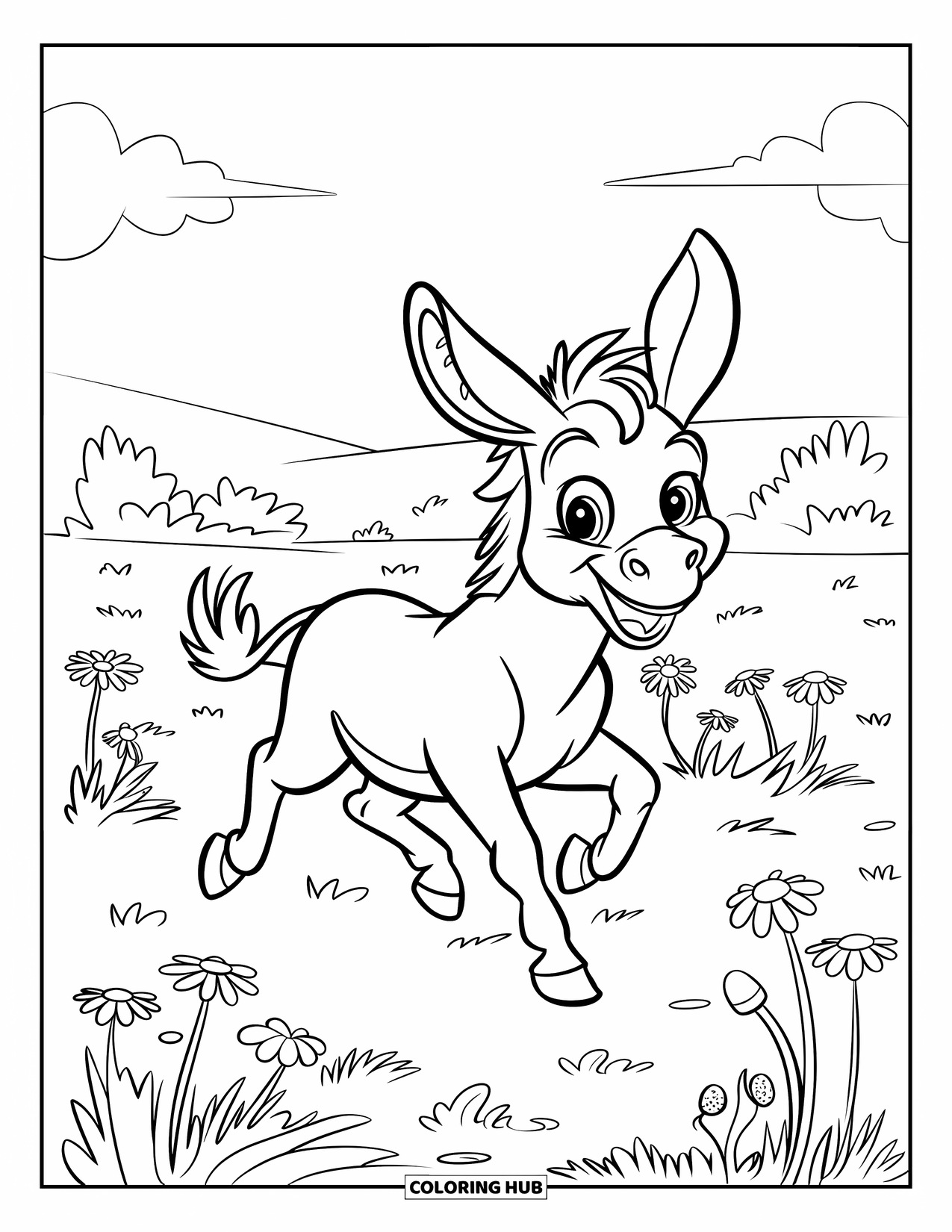 Donkey Coloring Page for Kids: A cheerful donkey gallops through a green pasture, enjoying the sunny open space