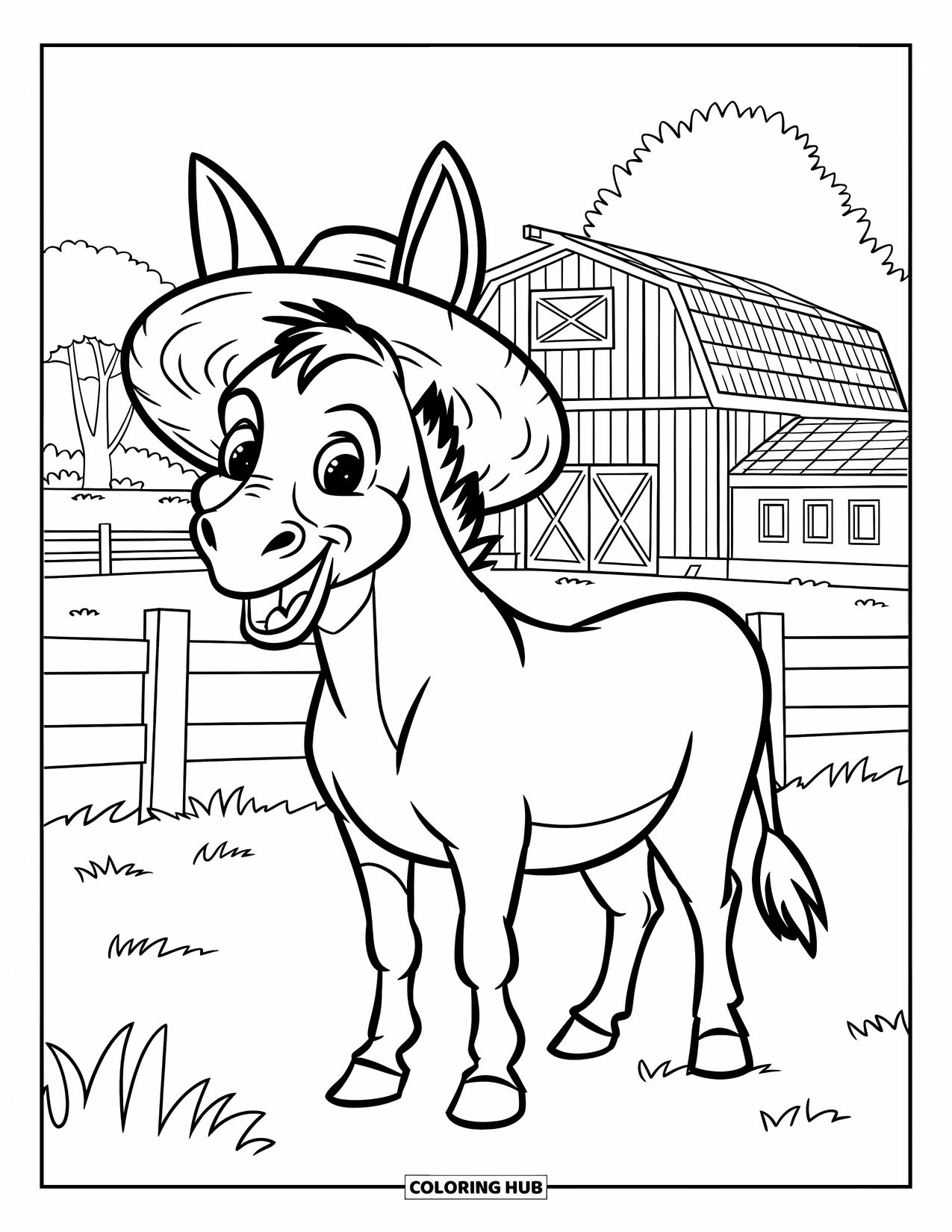 Donkey Coloring Page for Kids: A cheerful donkey stands near a barn, surrounded by lush green grass and trees