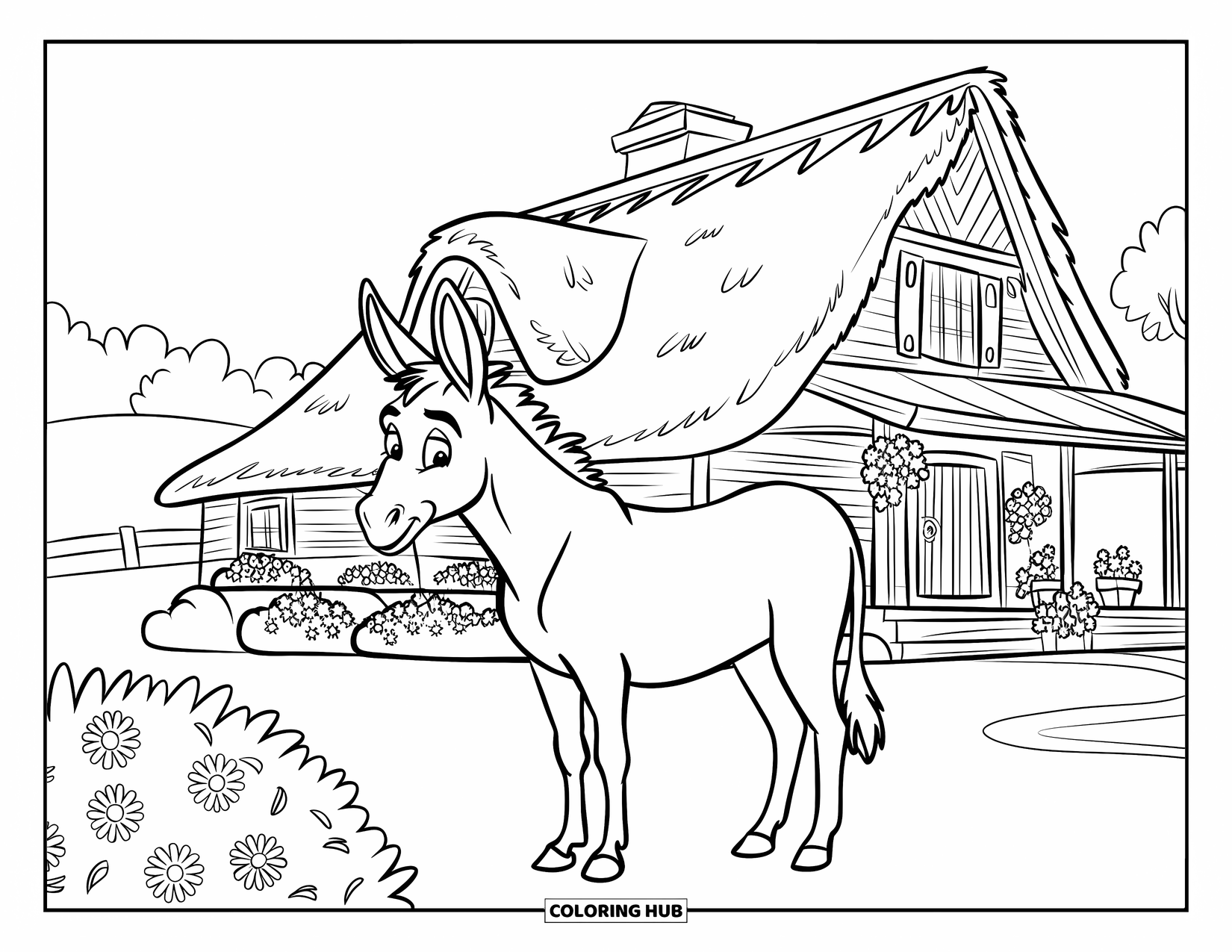 Donkey Coloring Page for Kids: A cheerful donkey stands outside a farmhouse, surrounded by flower pots and rolling hills