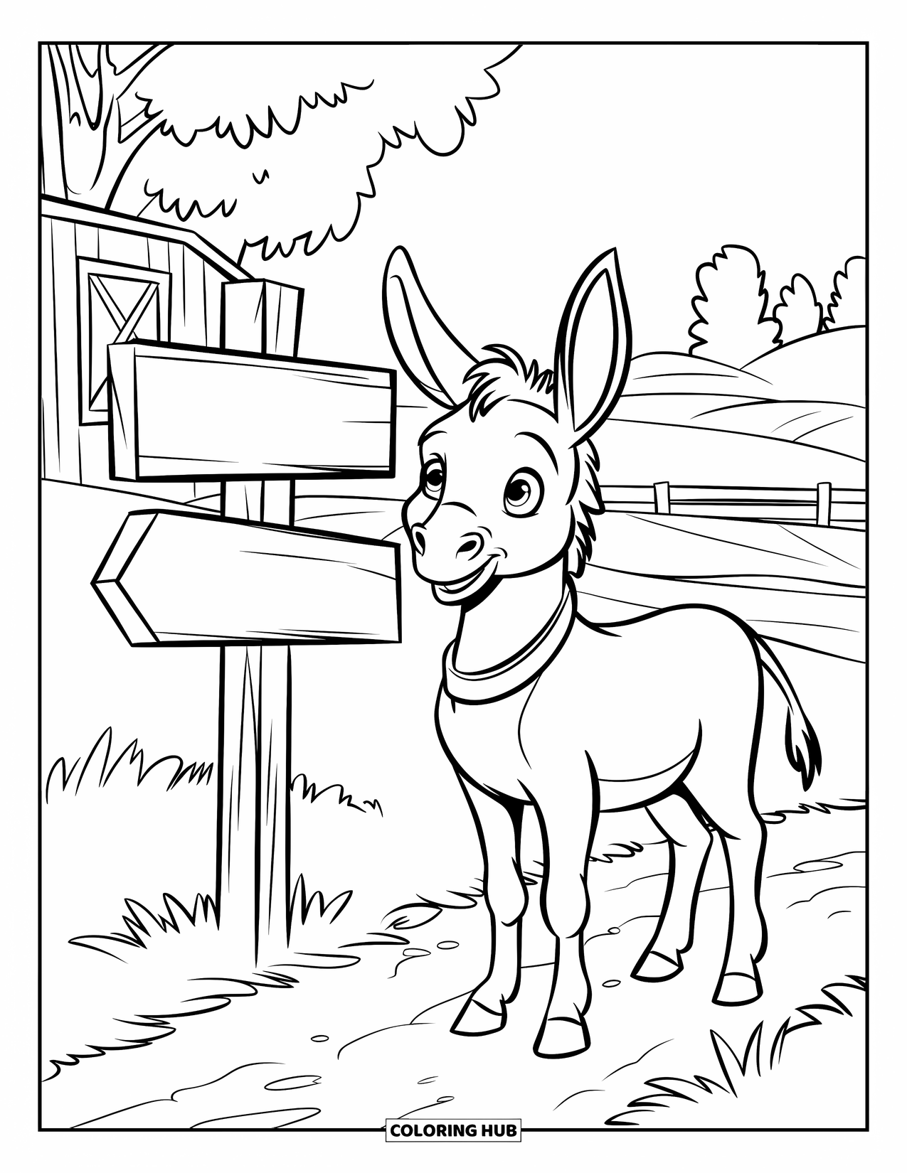 Donkey Coloring Page for Kids: A curious donkey looks at a wooden signpost while standing on a winding farm path