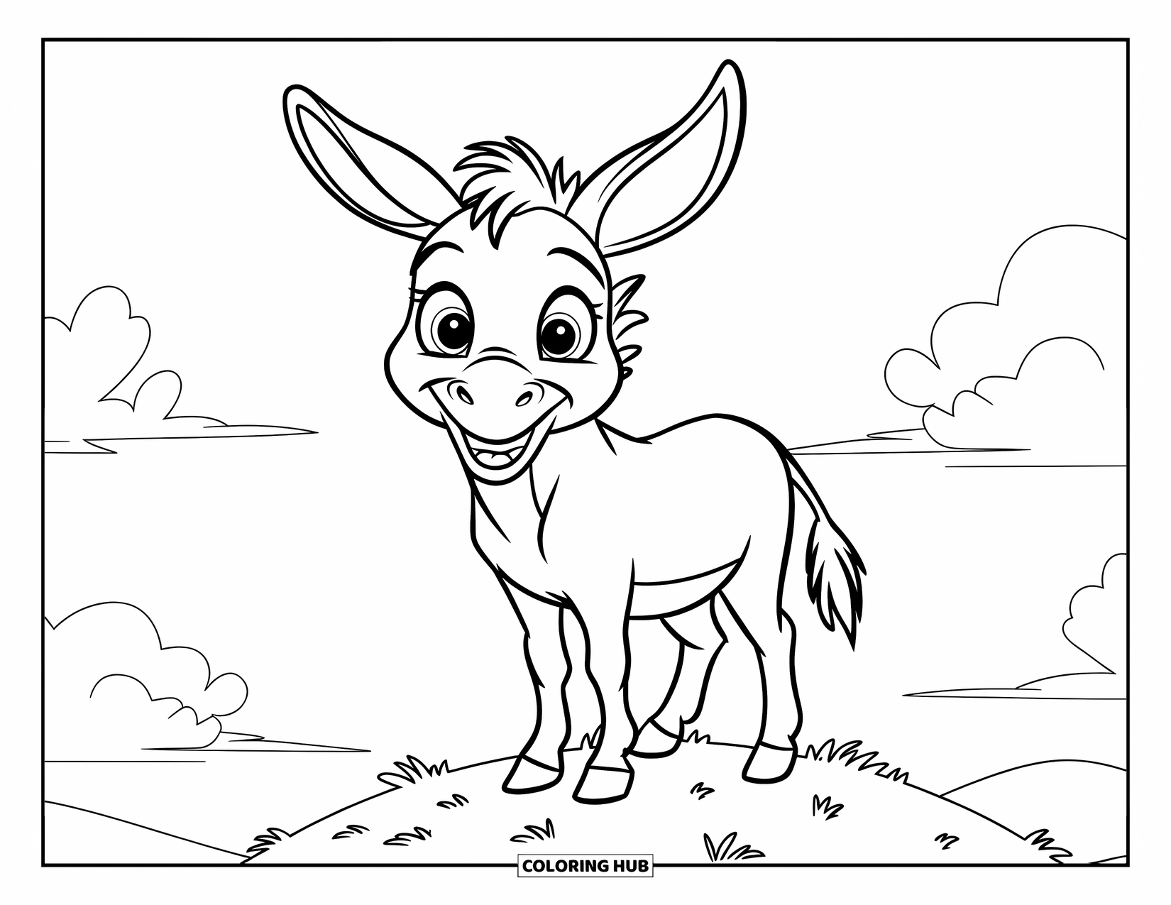 Donkey Coloring Page for Kids: A curious donkey with big ears watches the horizon from a grassy hilltop