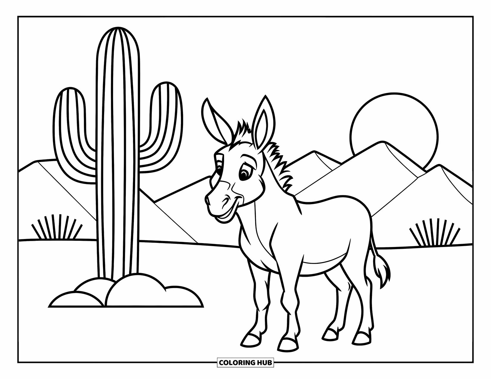 Donkey Coloring Page for Kids: A desert donkey stands proudly with a cactus as the sun sets over distant mountains