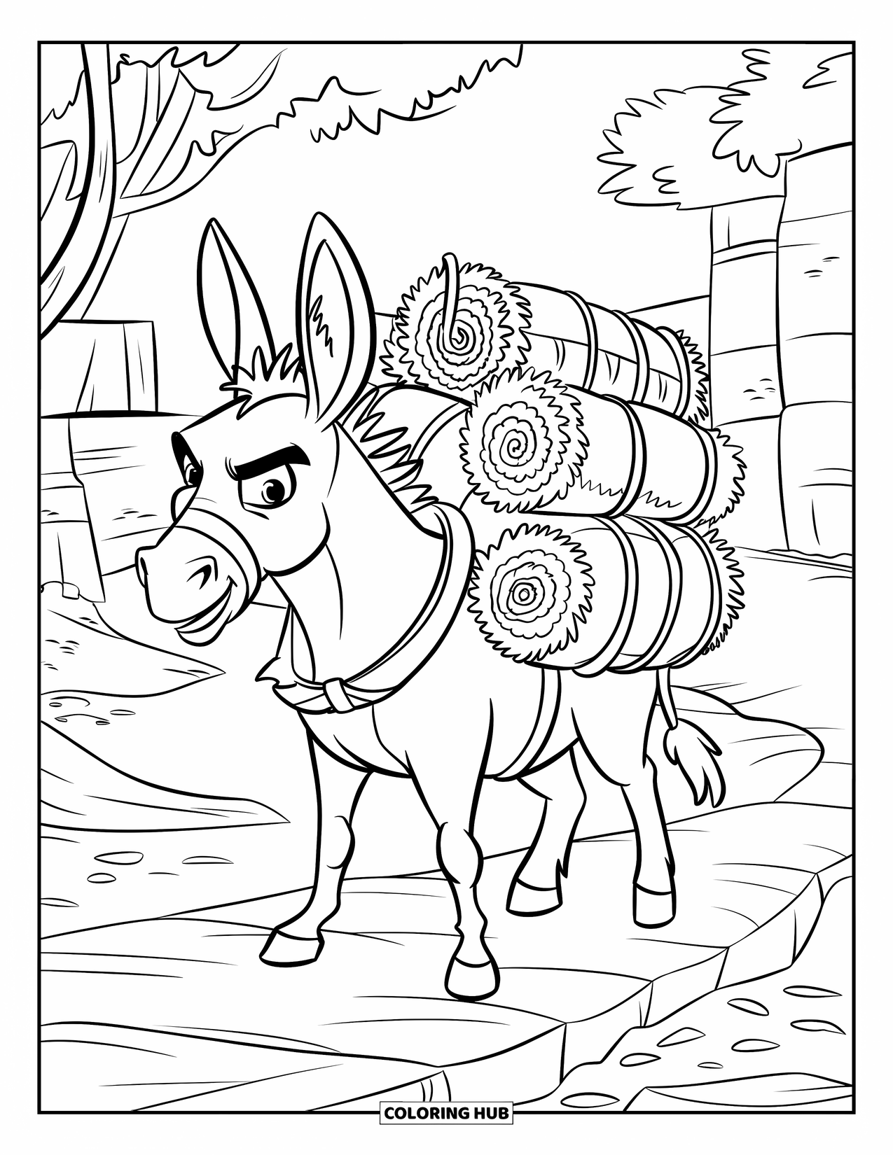 Donkey Coloring Page for Kids: A determined donkey loaded with supplies walks on a rocky path toward distant trees