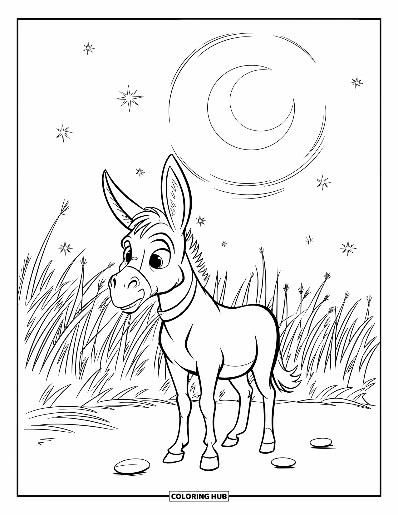 Donkey Coloring Page for Kids: A determined donkey under the moon stands in a quiet field surrounded by tall grasses