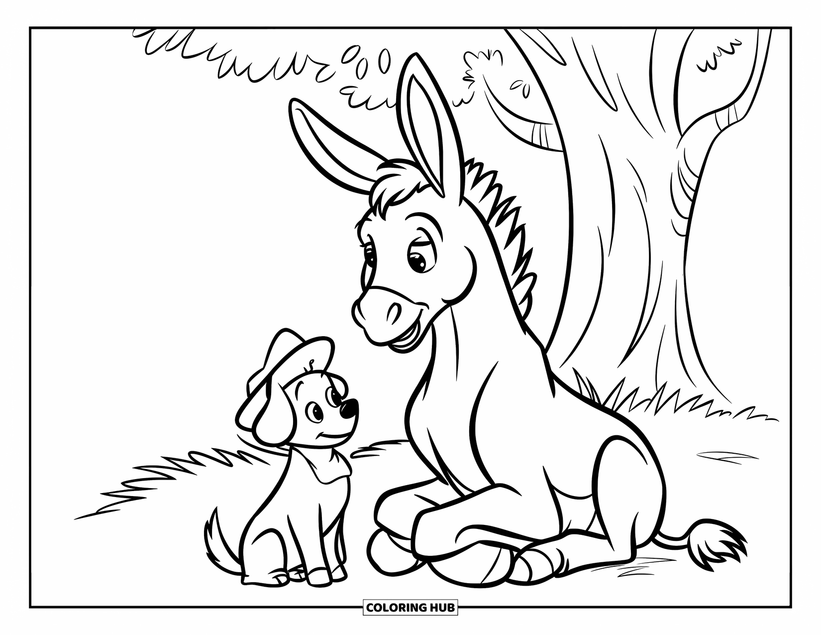Donkey Coloring Page for Kids: A donkey and a small dog share a moment under a shady tree near rolling green hills