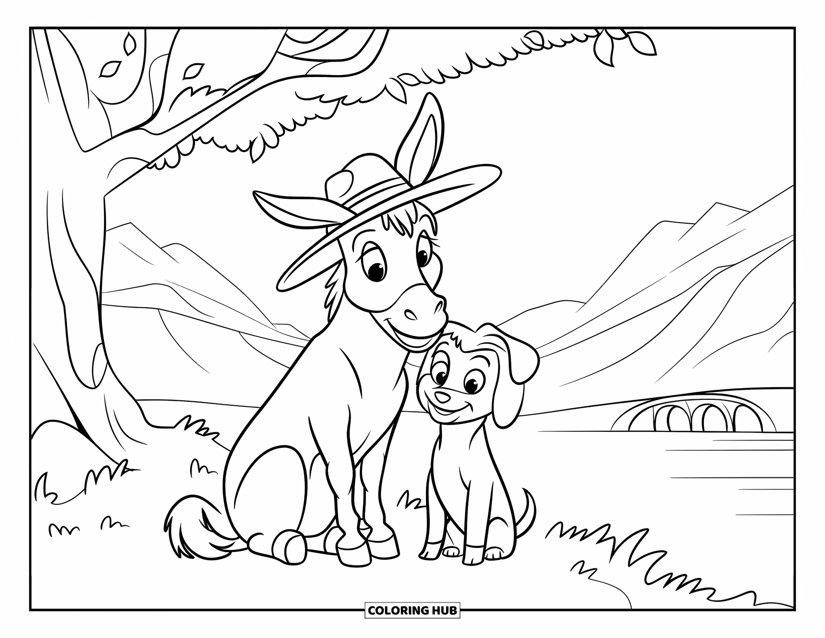 Donkey Coloring Page for Kids: A donkey and a tiny dog rest under a tree with a river and bridge in the background
