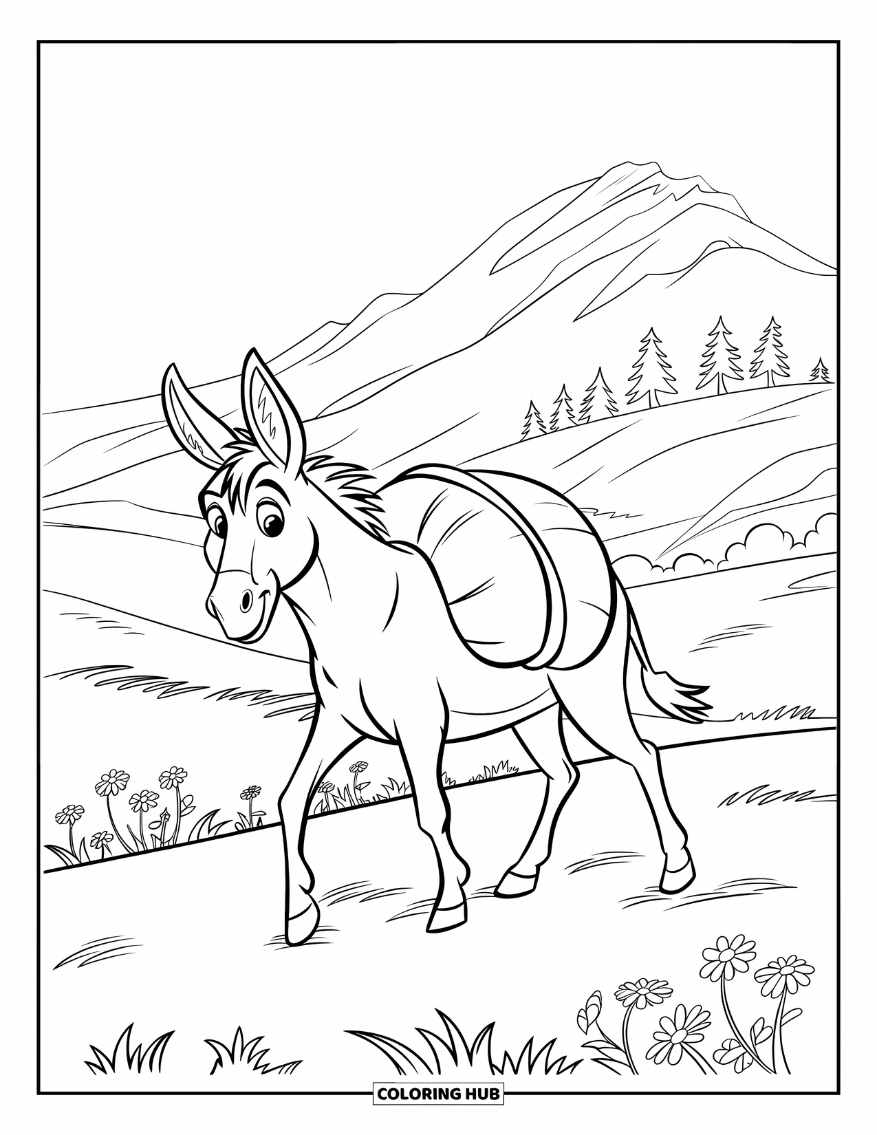Donkey Coloring Page for Kids: A donkey carrying a bundle walks through a field with wildflowers near a rocky peak