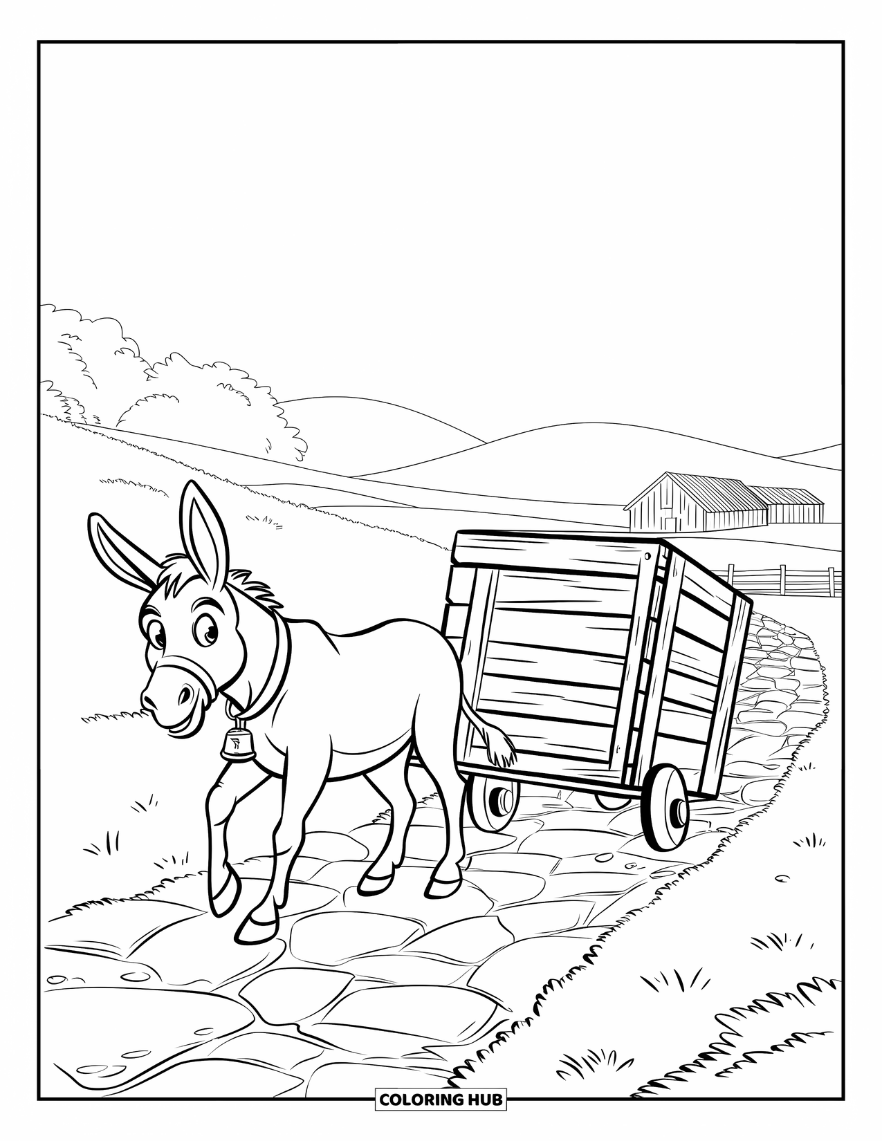 Donkey Coloring Page for Kids: A donkey carrying a crate follows a stony path toward a barn surrounded by trees