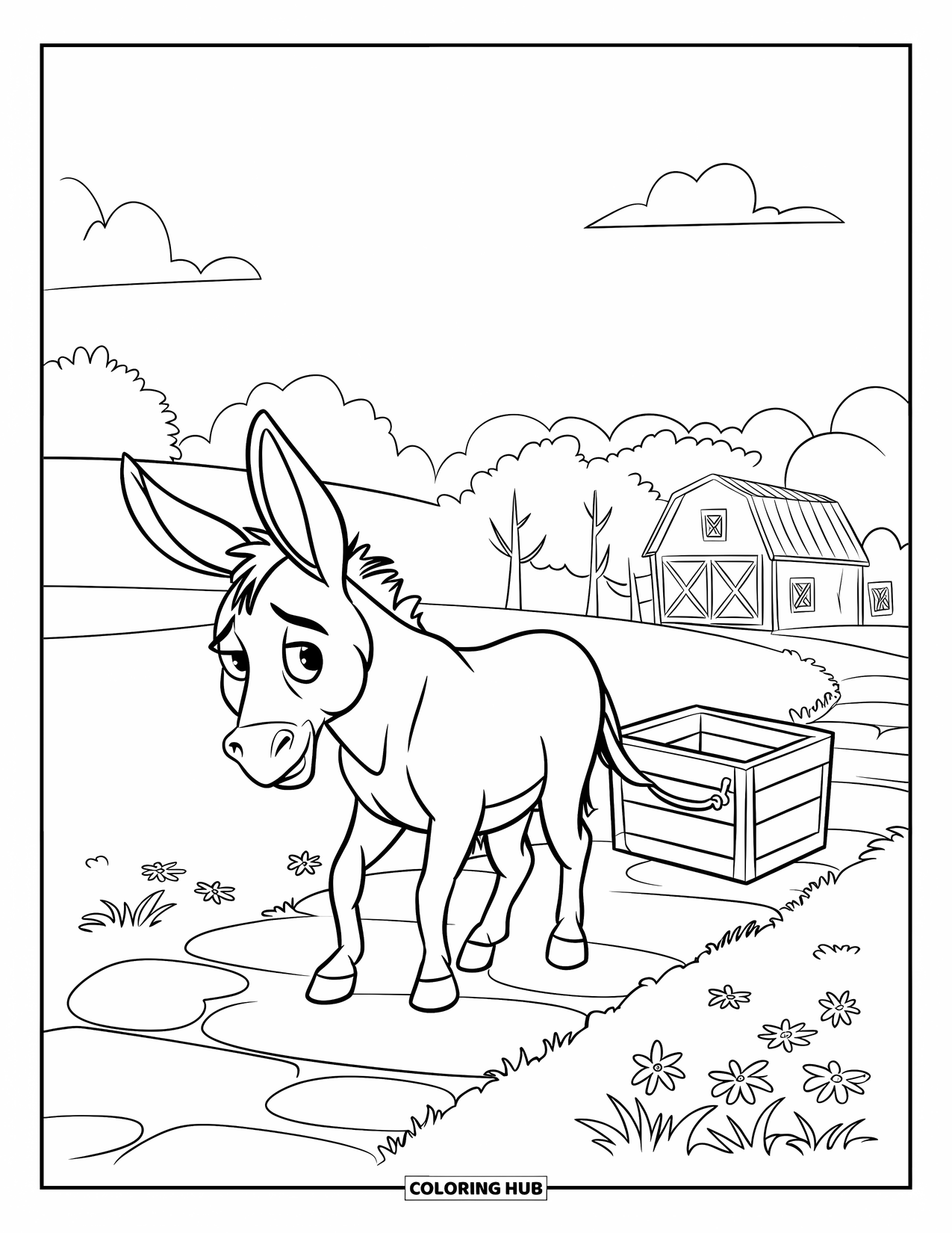Donkey Coloring Page for Kids: A donkey drags a wooden crate along a stone path leading toward a distant farm