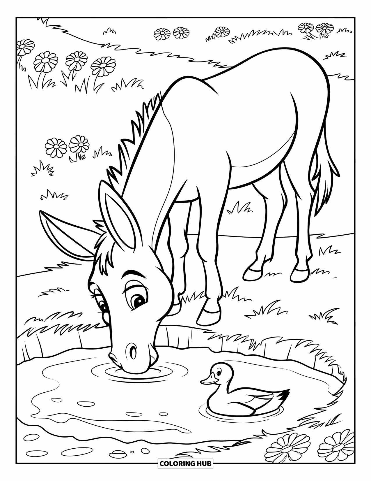 Donkey Coloring Page for Kids: A donkey drinks peacefully from a pond surrounded by lush trees and wildflowers