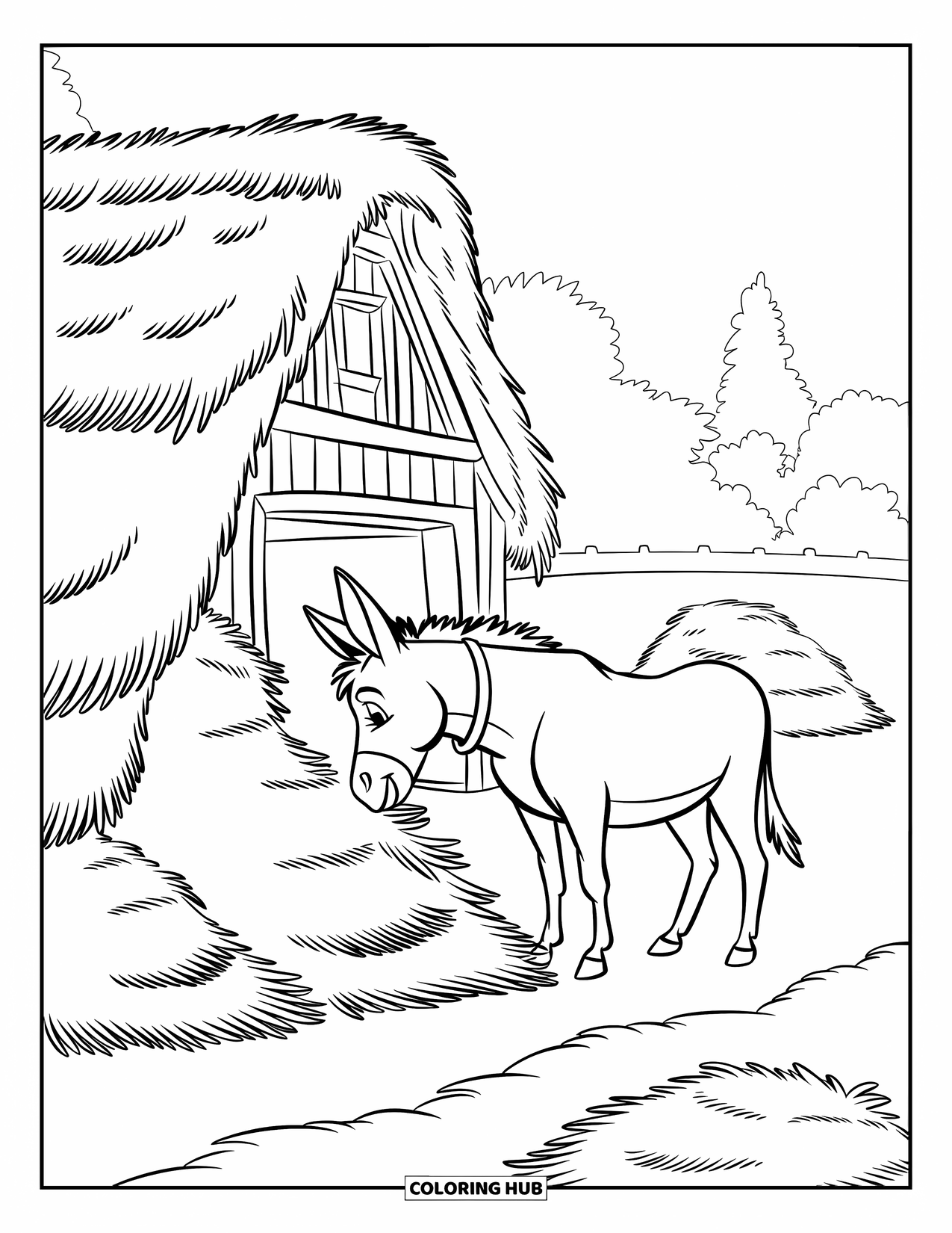 Donkey Coloring Page for Kids: A donkey enjoys fresh hay beside a barn as chickens scratch around the farmyard