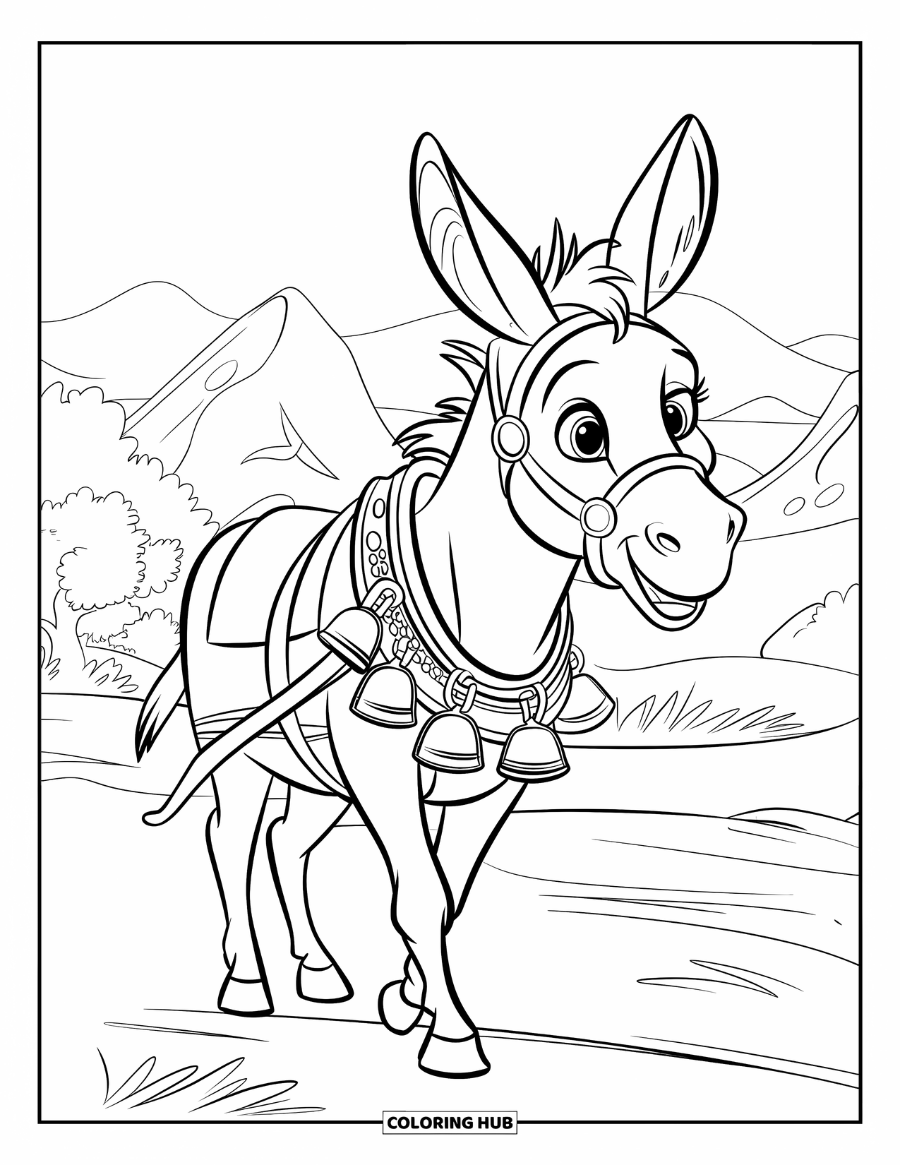 Donkey Coloring Page for Kids: A donkey in a decorative harness, ready for travel, stands before a scenic mountain view