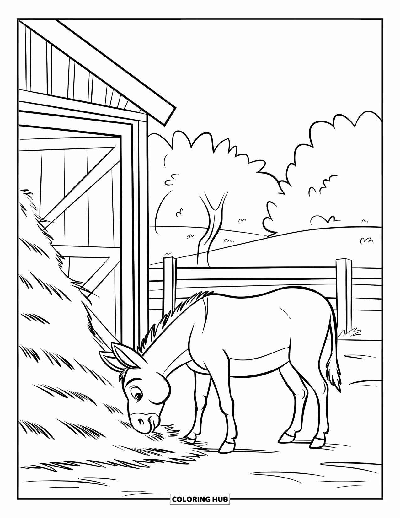 Donkey Coloring Page for Kids: A donkey munches on a pile of hay beside a wooden barn in the countryside