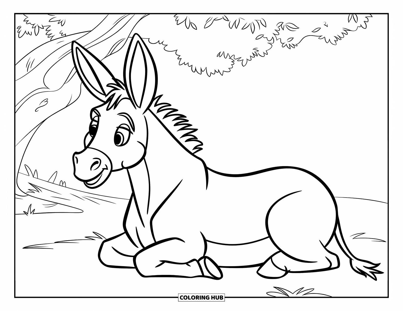 Donkey Coloring Page for Kids: A donkey naps under a large tree while soft clouds drift across the bright sky
