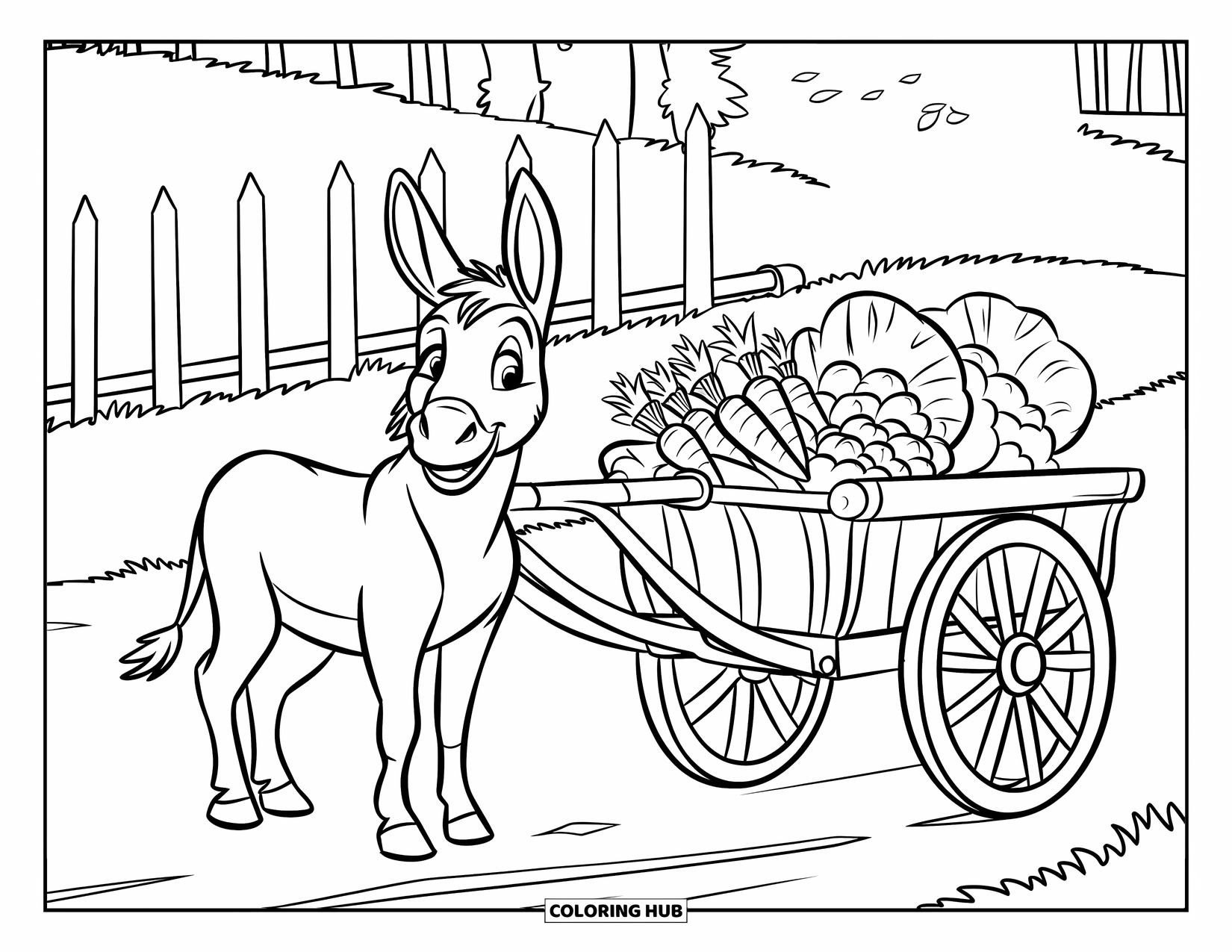 Donkey Coloring Page for Kids: A donkey near a cart piled with vegetables rests beside a wooden fence on a dirt road