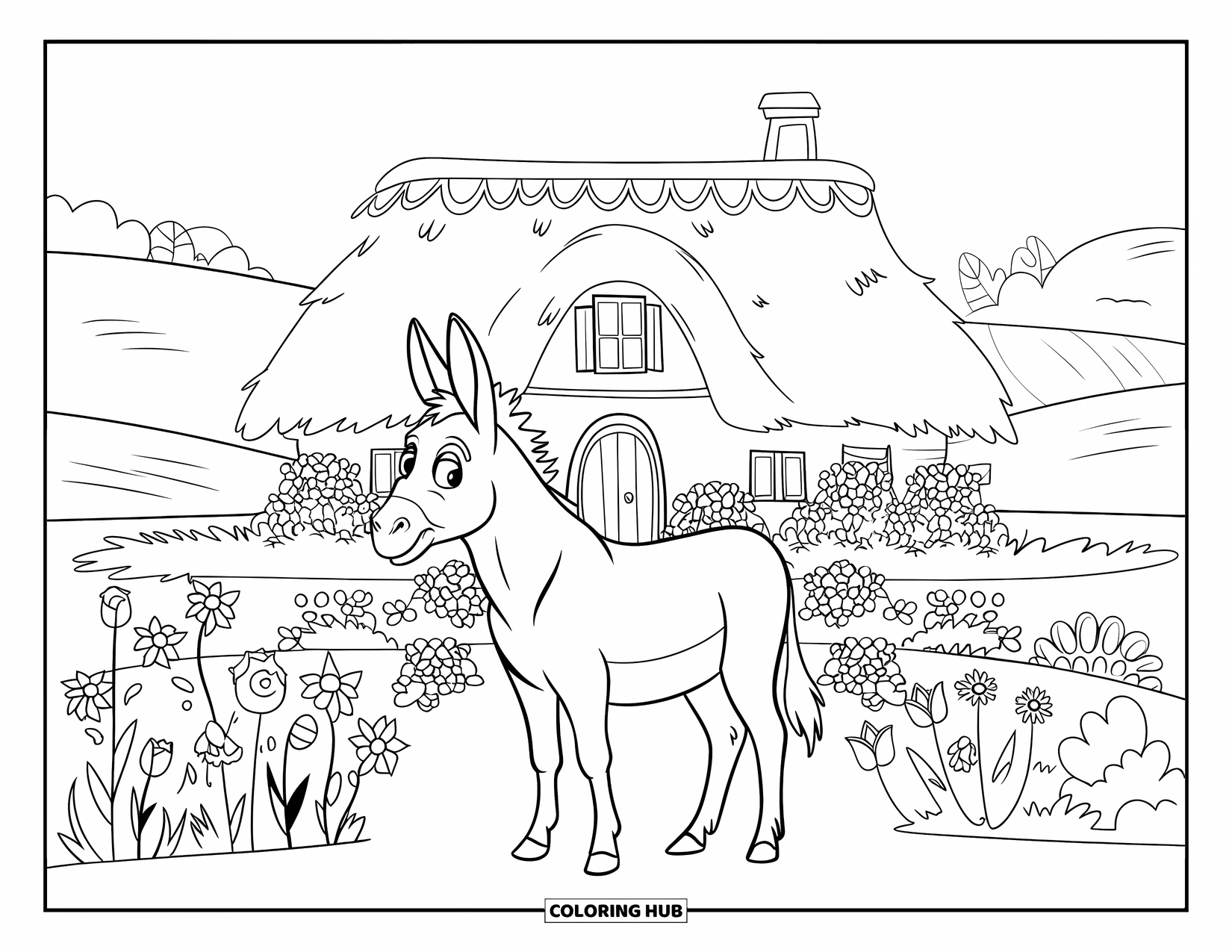 Donkey Coloring Page for Kids: A donkey near a farmhouse with a thatched roof enjoys a peaceful field of flowers
