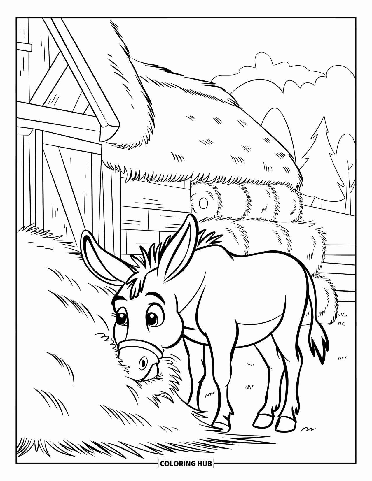 Donkey Coloring Page for Kids: A donkey near a haystack happily eats while birds perch on a wooden fence nearby