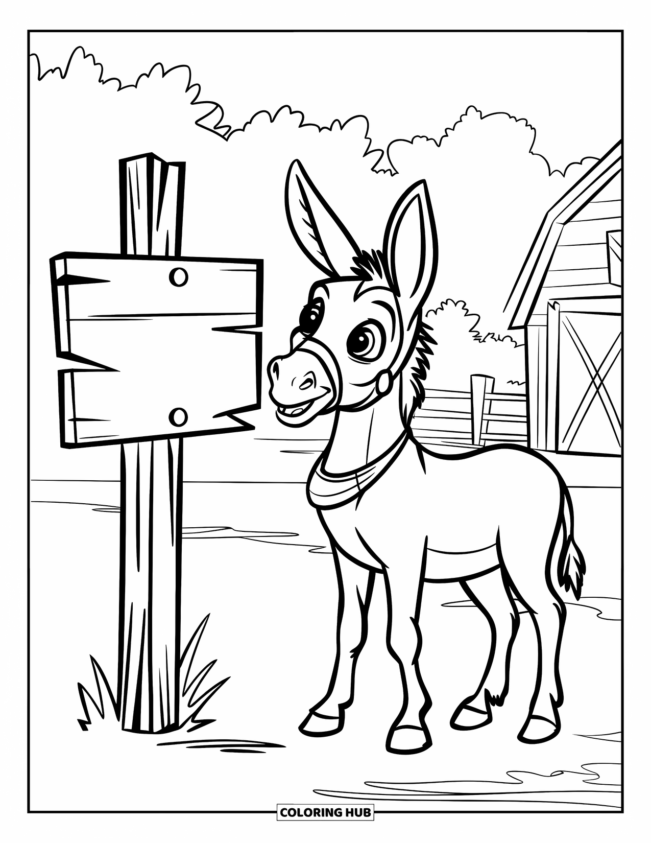 Donkey Coloring Page for Kids: A donkey near a signpost stands on a dirt road leading toward a peaceful countryside