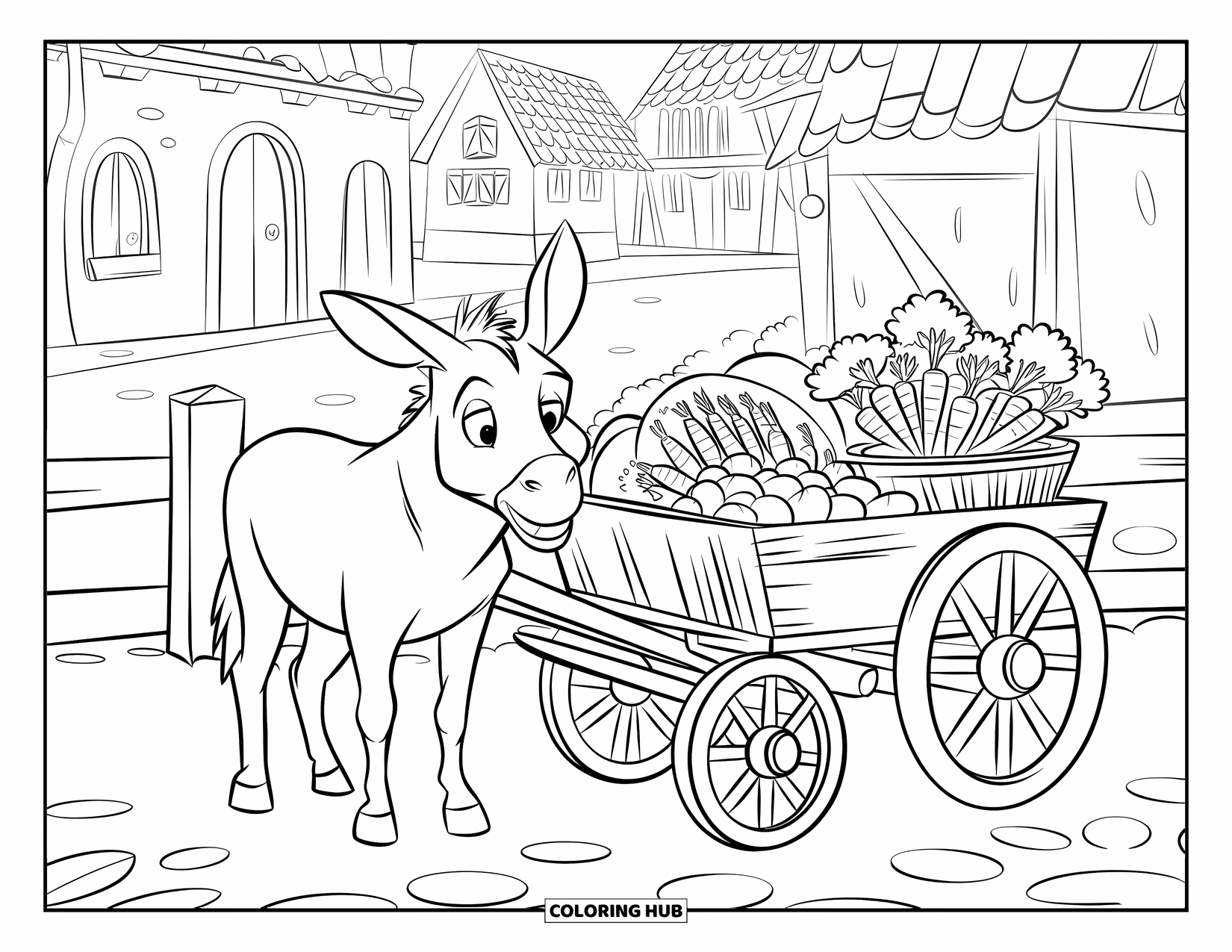 Donkey Coloring Page for Kids: A donkey near a wooden cart loaded with vegetables stands beside a village road
