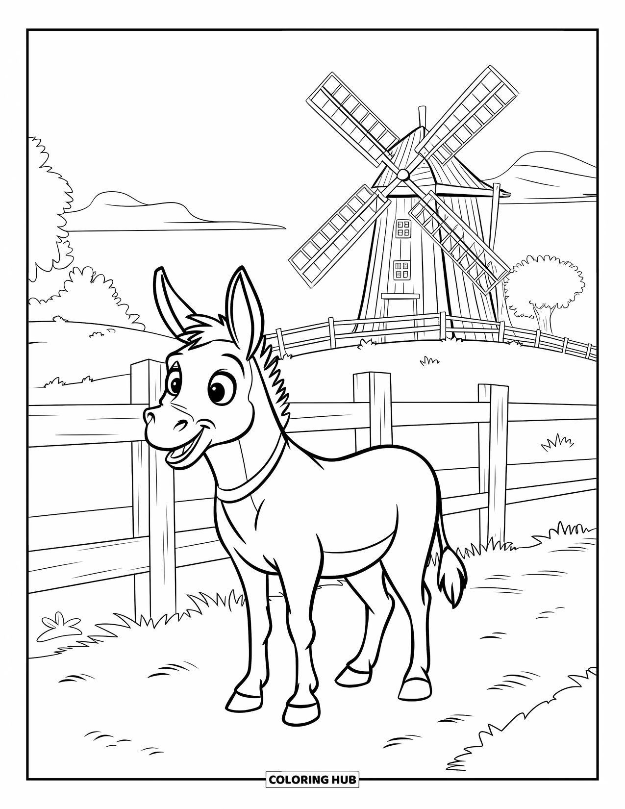 Donkey Coloring Page for Kids: A donkey near a wooden windmill enjoys a peaceful moment in a fenced grassy field