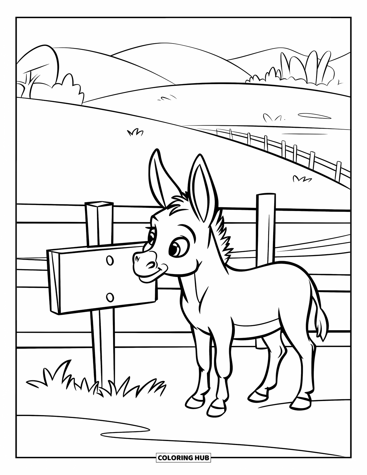 Donkey Coloring Page for Kids: A donkey next to a farm sign gazes at the rolling fields and wooden fences ahead