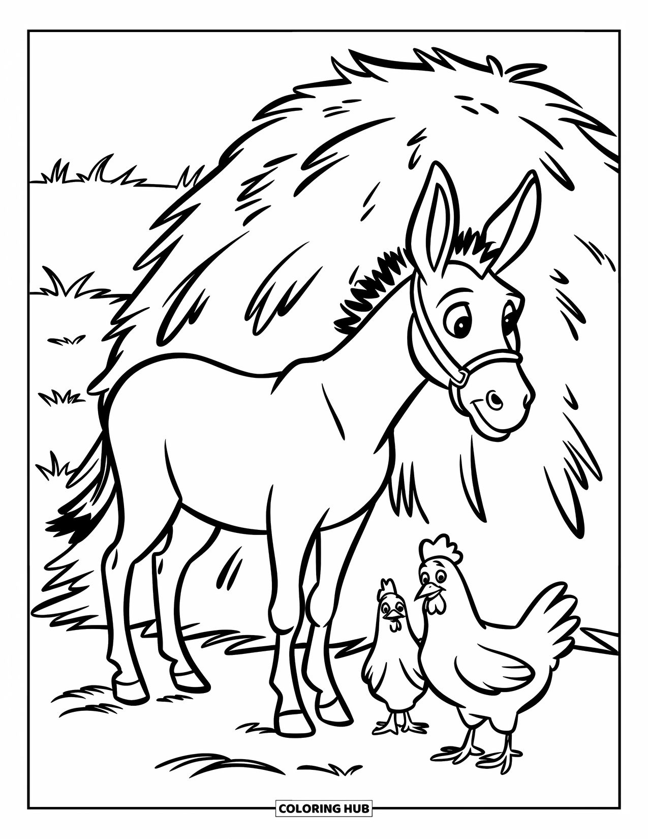 Donkey Coloring Page for Kids: A donkey rests near a pile of hay while chickens wander in a grassy farmyard