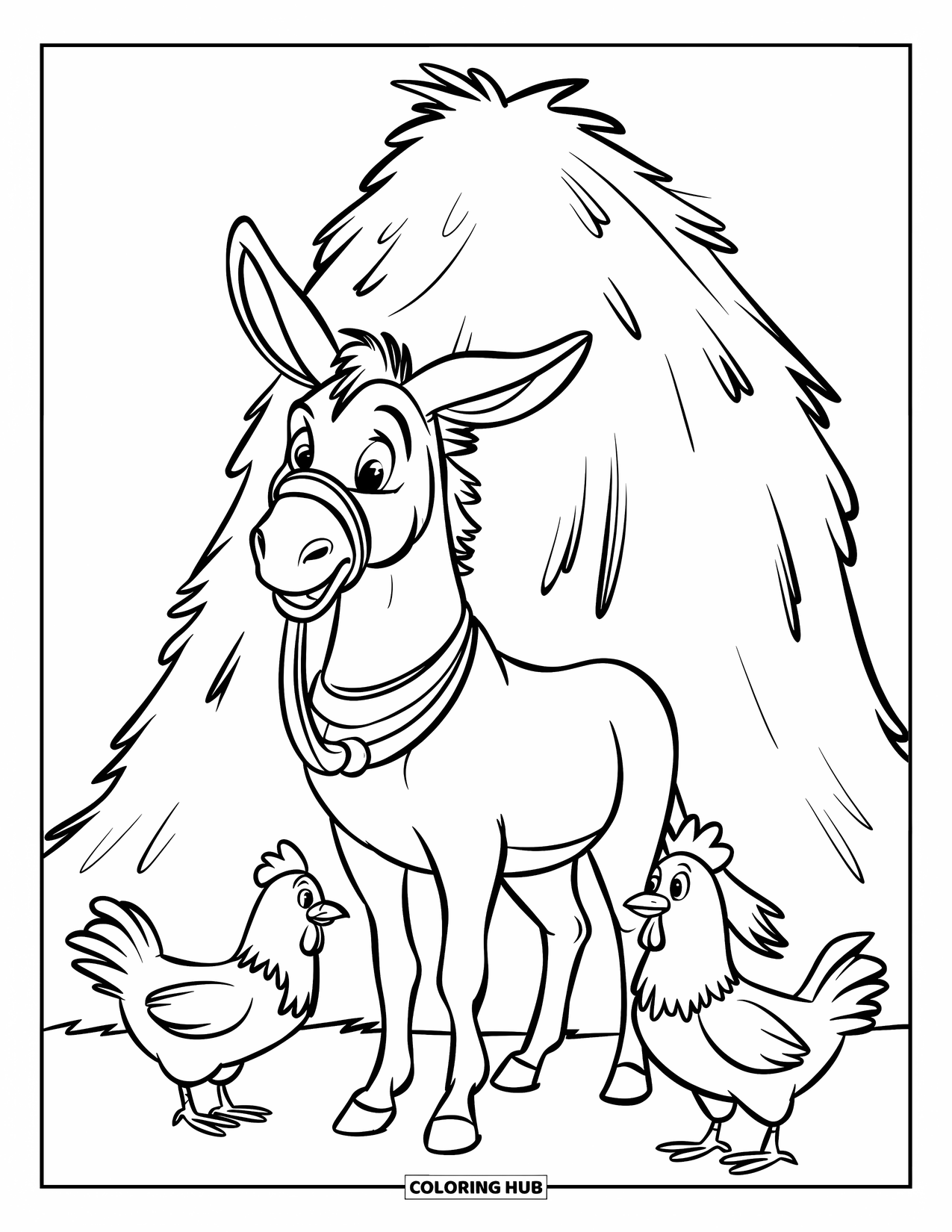 Donkey Coloring Page for Kids: A donkey stands beside a hay pile, watching chickens peck at the ground in a barnyard