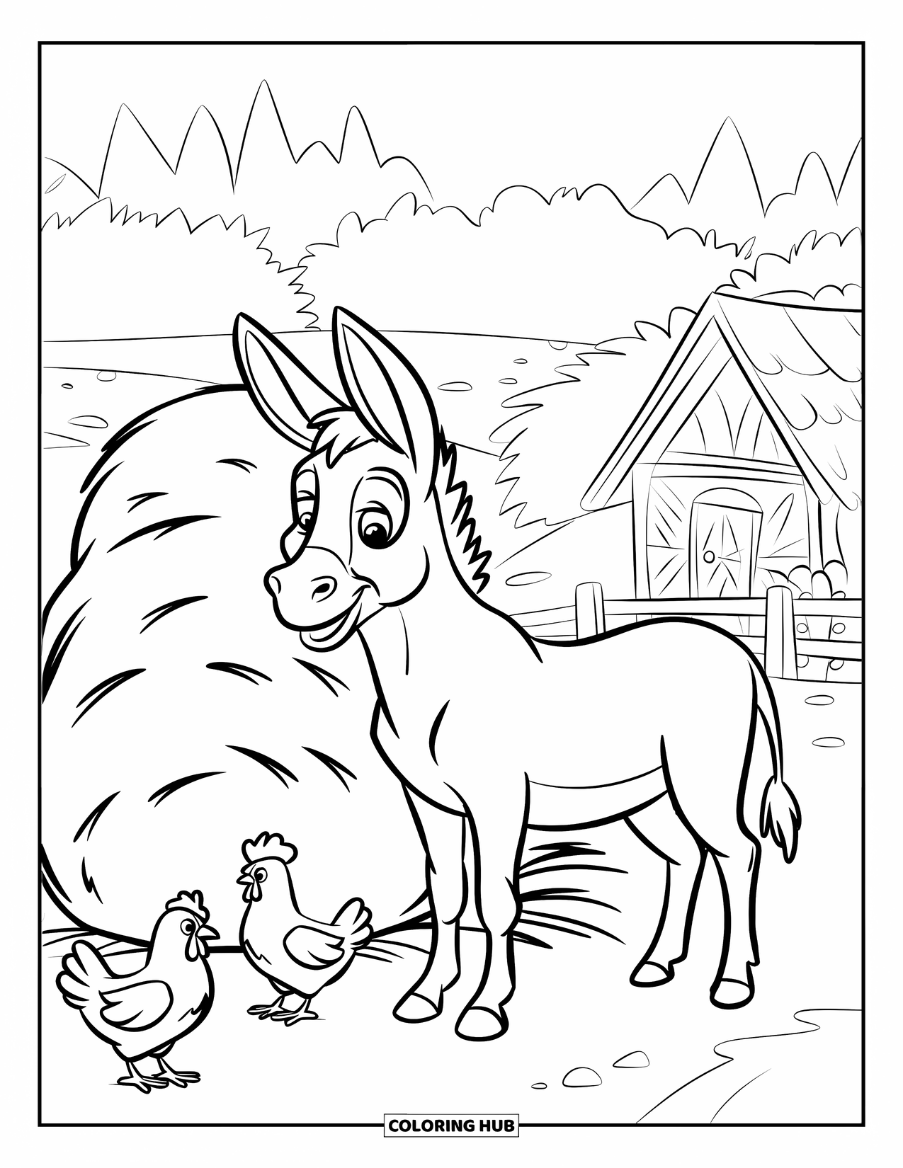Donkey Coloring Page for Kids: A donkey stands beside a haystack with two chickens pecking near its hooves