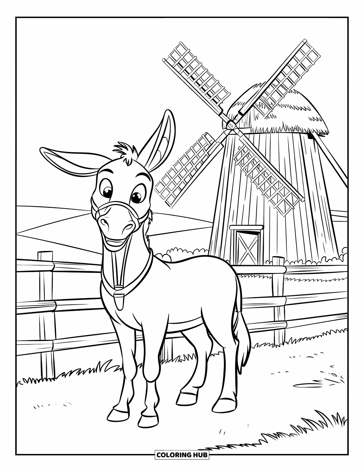 Donkey Coloring Page for Kids: A donkey stands inside a fenced area with a windmill spinning in the distance