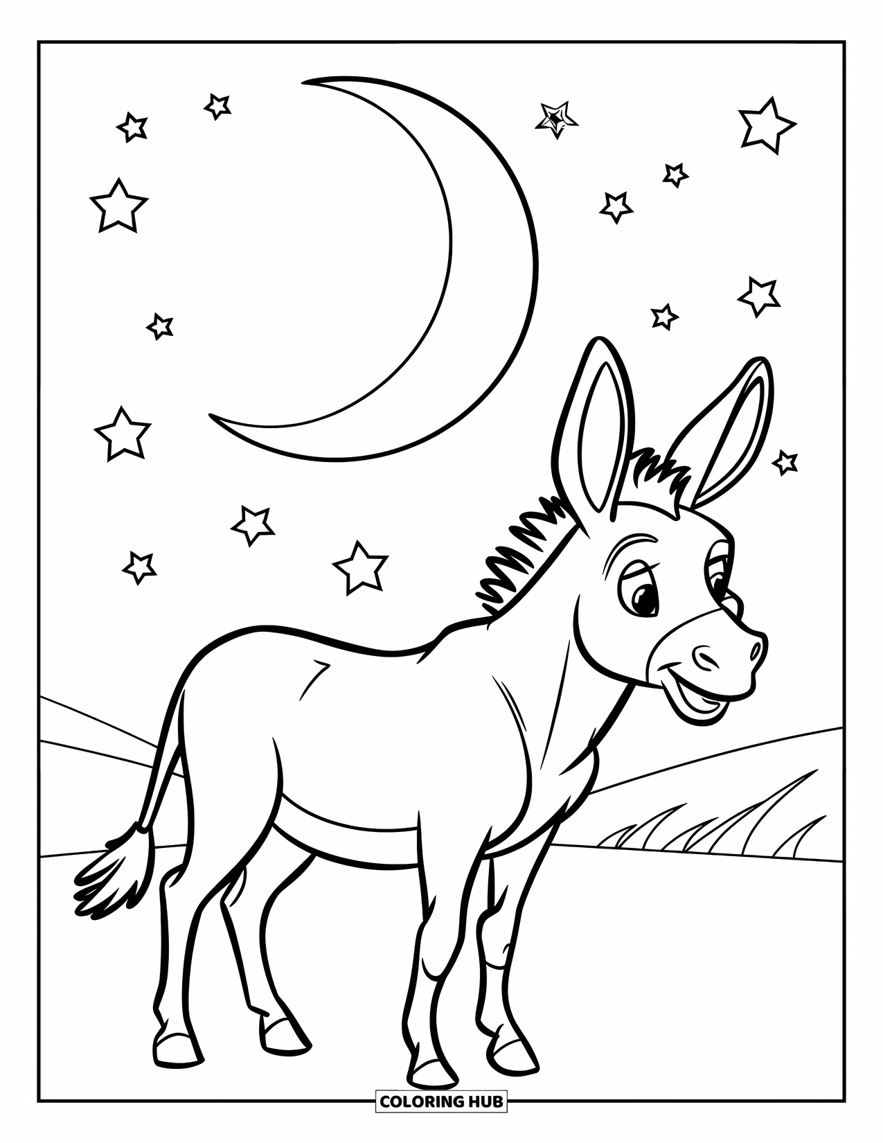 Donkey Coloring Page for Kids: A donkey stands under a bright moon and stars, resting in a peaceful nighttime field