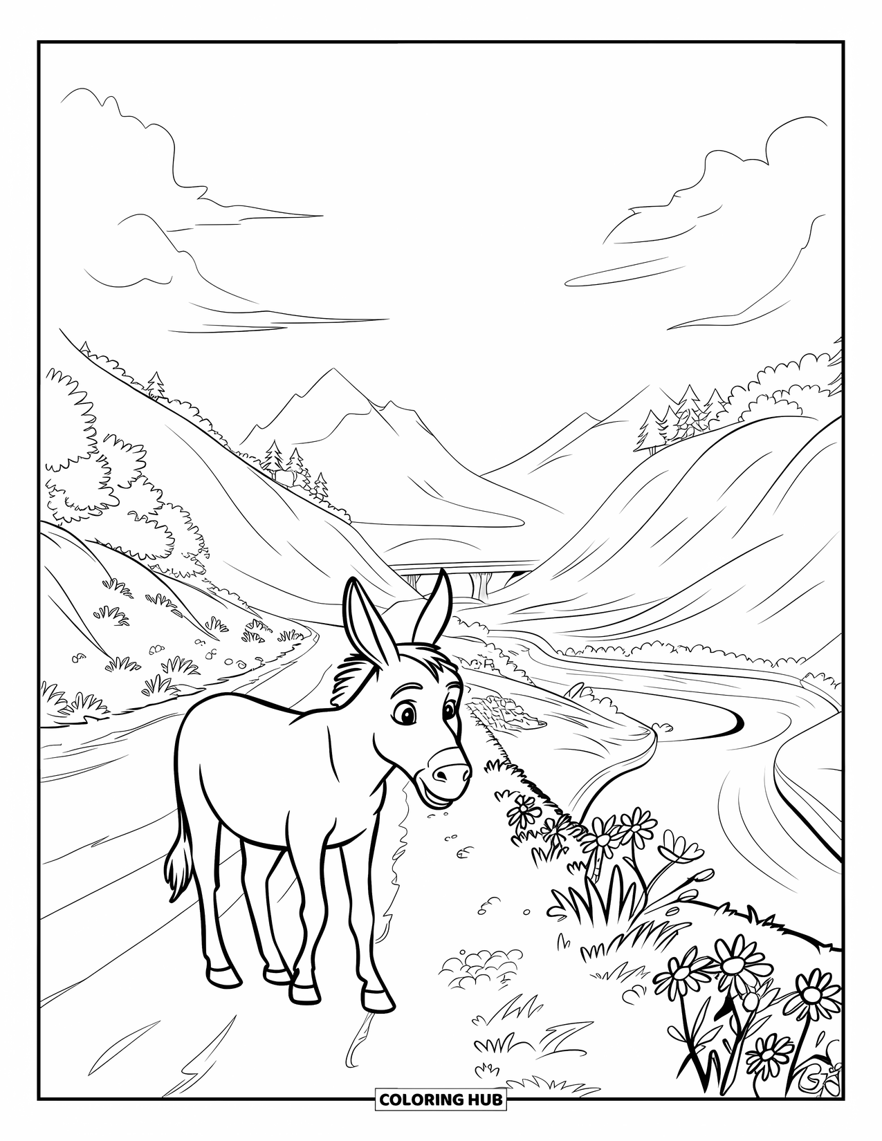 Donkey Coloring Page for Kids: A donkey strolls past wildflowers and a river winding through a valley with mountains