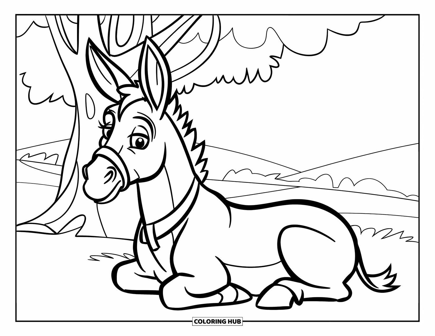 Donkey Coloring Page for Kids: A donkey under a wide tree enjoys the cool shade in a quiet and open meadow