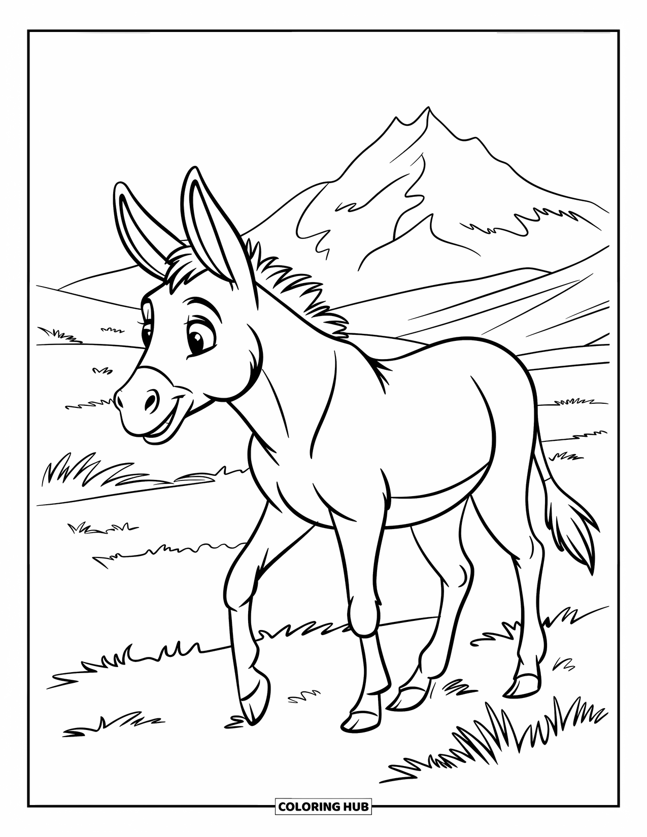 Donkey Coloring Page for Kids: A donkey walks through a meadow with flowers, heading toward a distant mountain