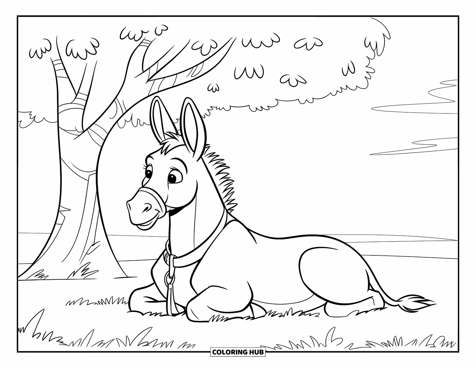 Donkey Coloring Page for Kids: A donkey wearing a collar lounges under a tree, enjoying a breezy and relaxing day