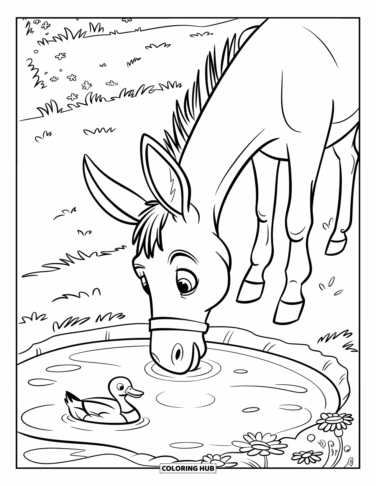 Donkey Coloring Page for Kids: A donkey wearing a hat drinks from a pond as a duck paddles across the water
