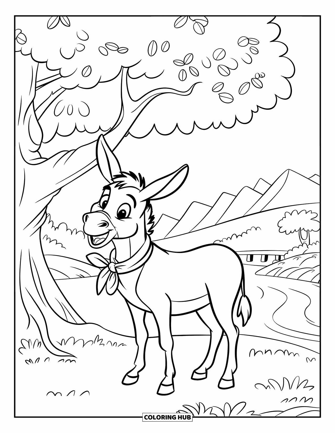 Donkey Coloring Page for Kids: A donkey wearing a red scarf stands beside a tall tree in a quiet green pasture