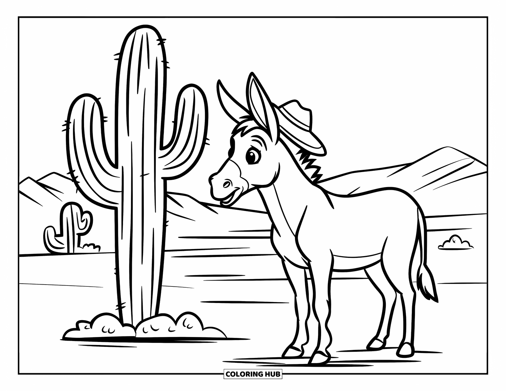 Donkey Coloring Page for Kids: A donkey wearing a small hat stands beside a tall cactus in a vast desert