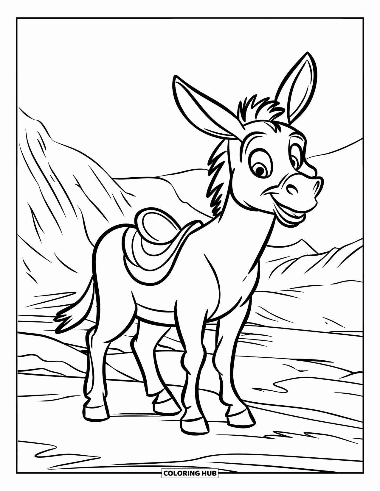 Donkey Coloring Page for Kids: A donkey wearing a small saddle stands on rocky terrain, ready for a new journey