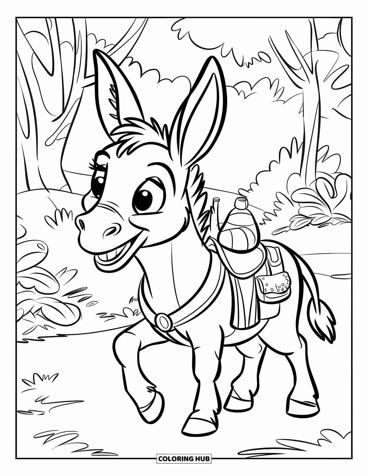 Donkey Coloring Page for Kids: A donkey with a bag tied to its saddle stands near a forest path, ready for adventure