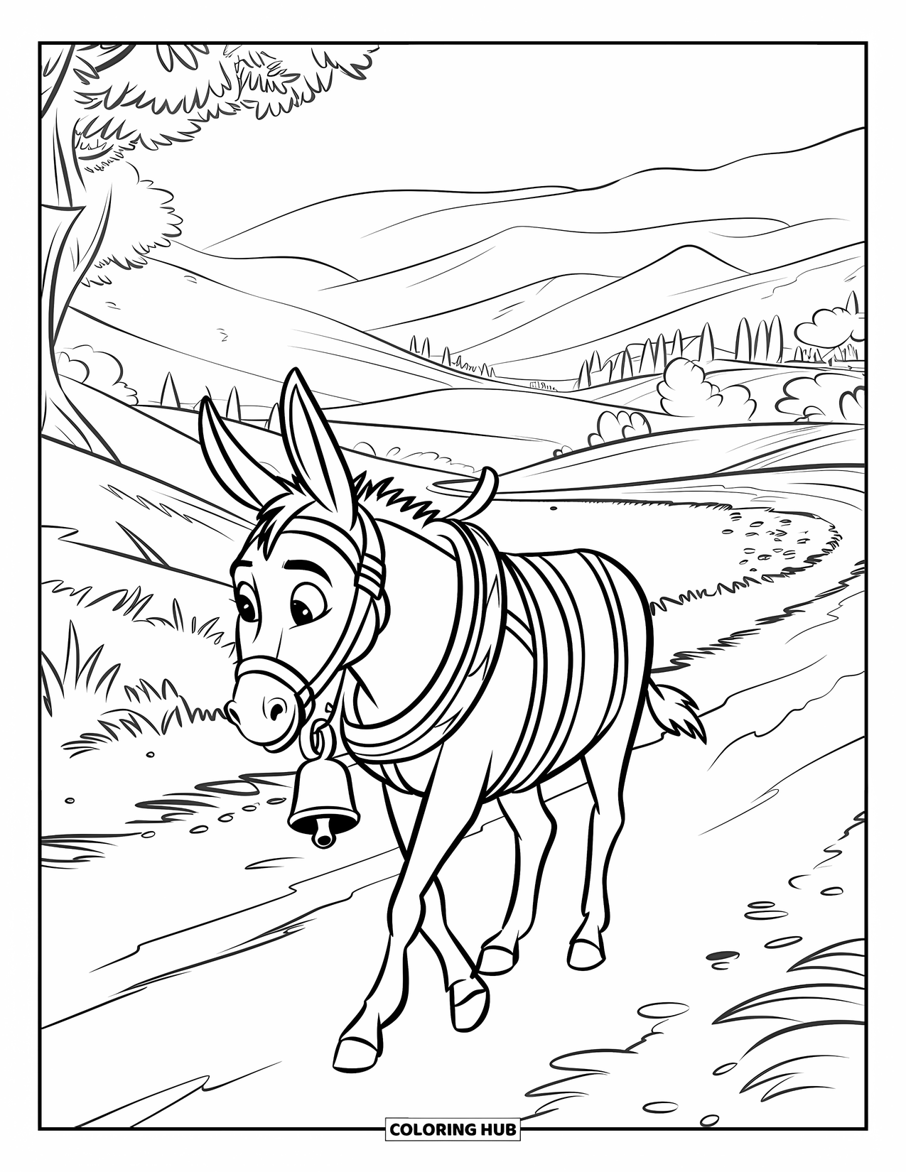 Donkey Coloring Page for Kids: A donkey with a bell walks along a dirt path overlooking hills and a quiet village