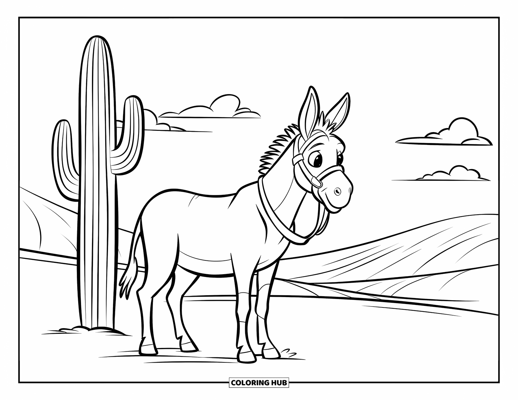 Donkey Coloring Page for Kids: A donkey with a bridle gazes at rolling sand dunes under a bright desert sky