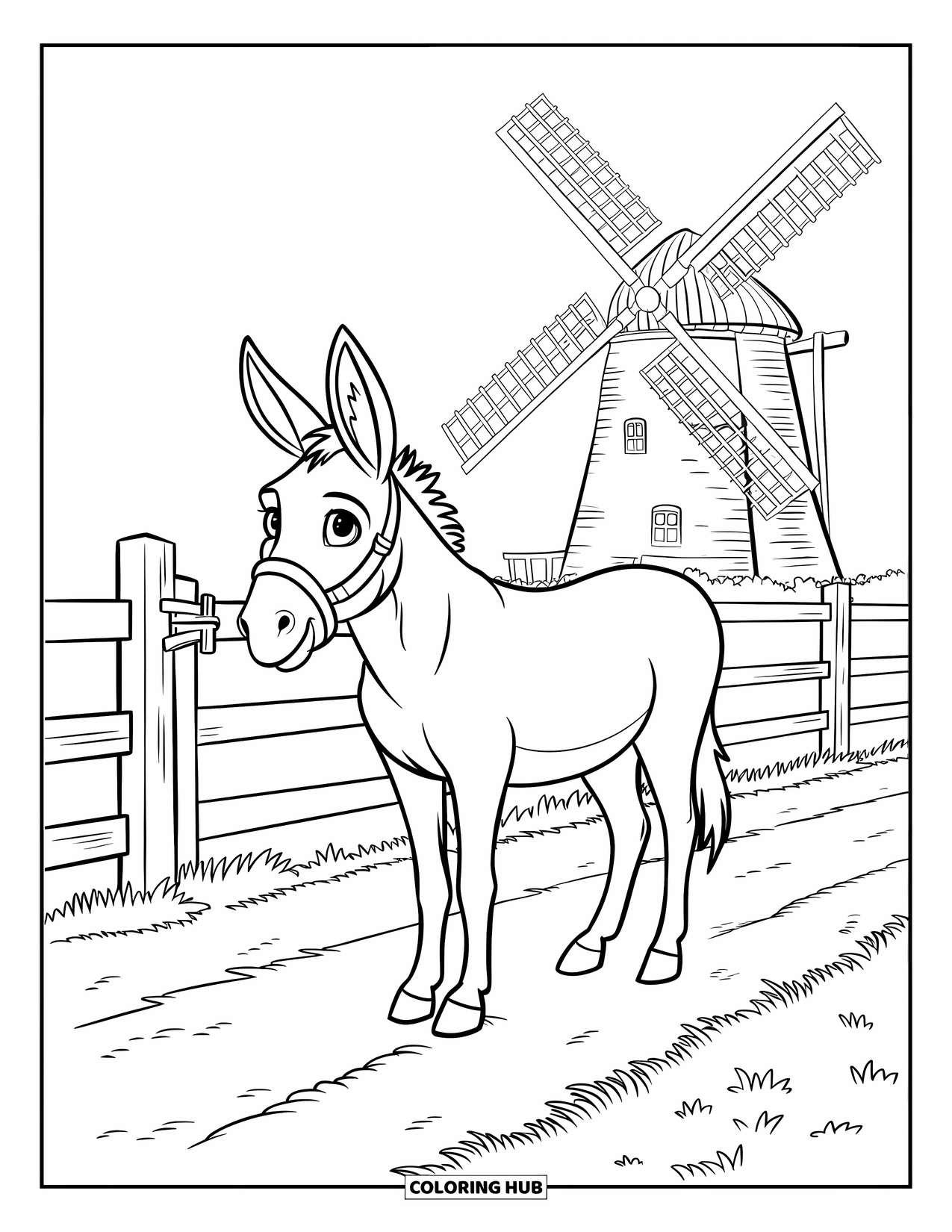 Donkey Coloring Page for Kids: A donkey with a bridle stands on a dirt path beside a fenced windmill in the countryside