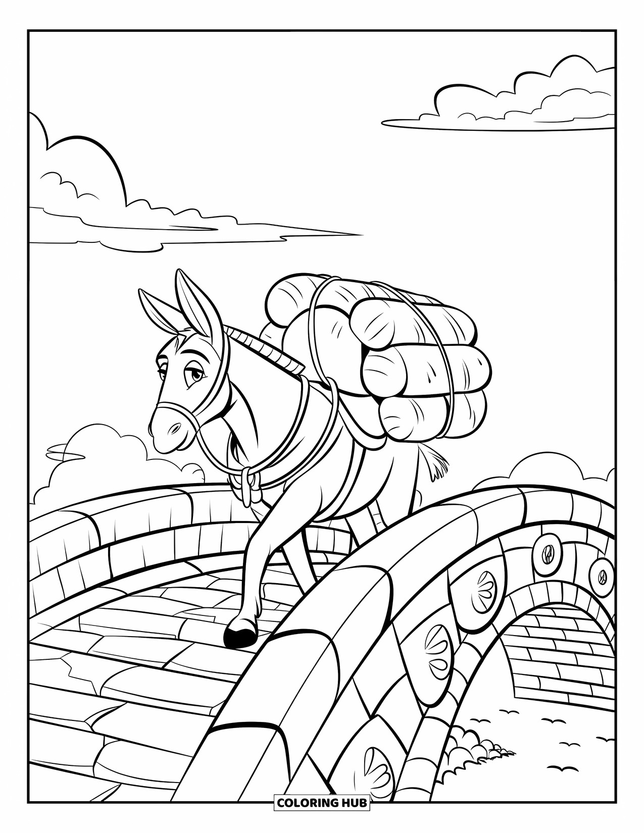 Donkey Coloring Page for Kids: A donkey with a bridle walks on an arched bridge with decorative elements in the sky